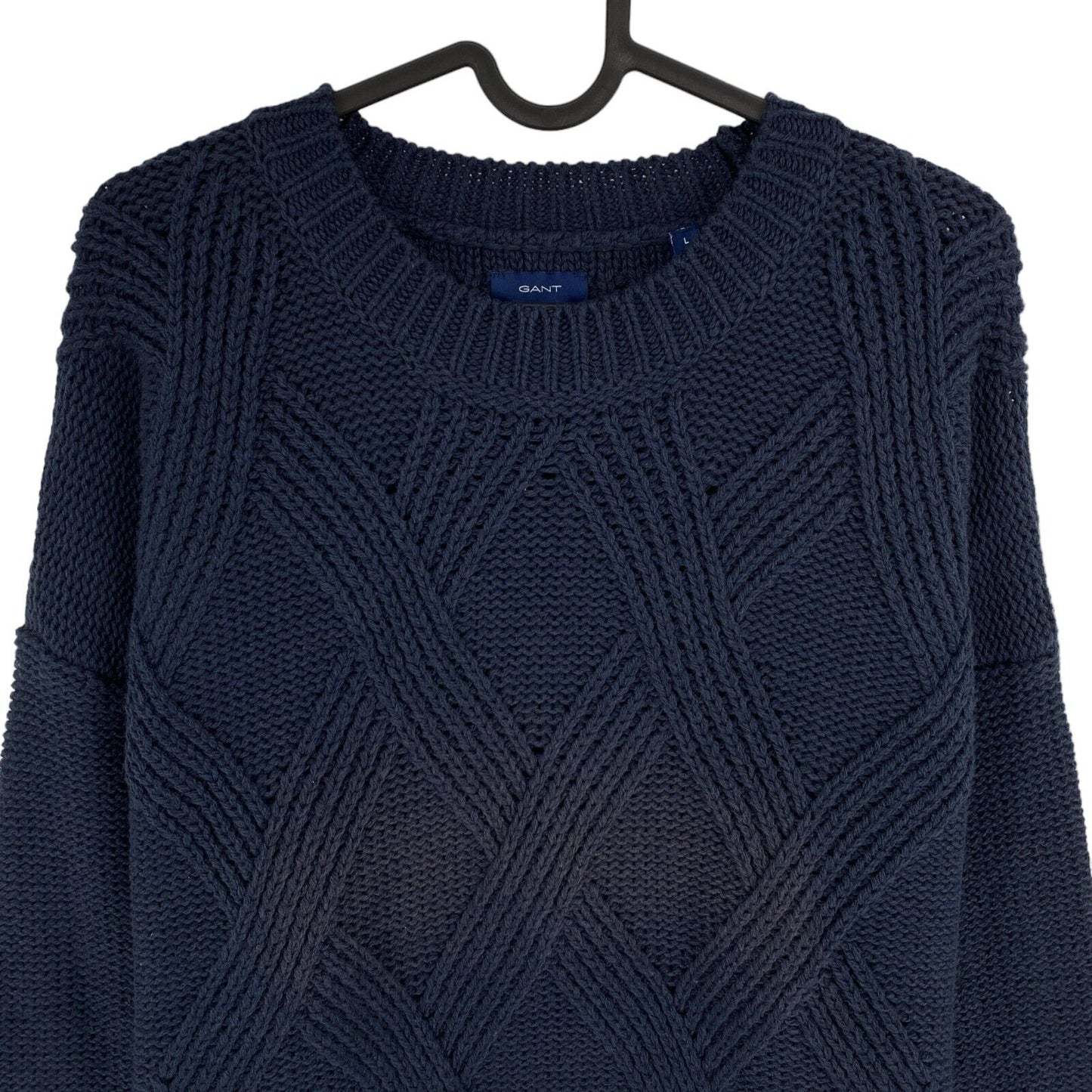 GANT Pullover mit Rundhalsausschnitt und grafischem Zopfmuster, Marineblau, Größe L