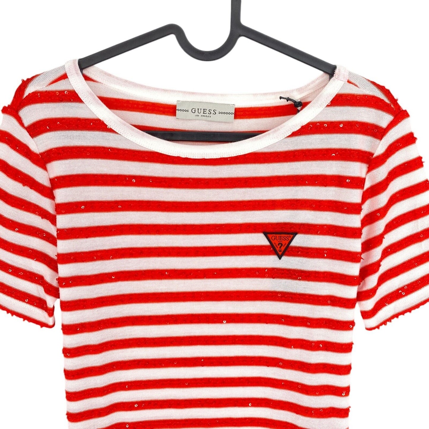 GUESS Women Red Sequin Stripes Short Sleeves T Shirt Size S