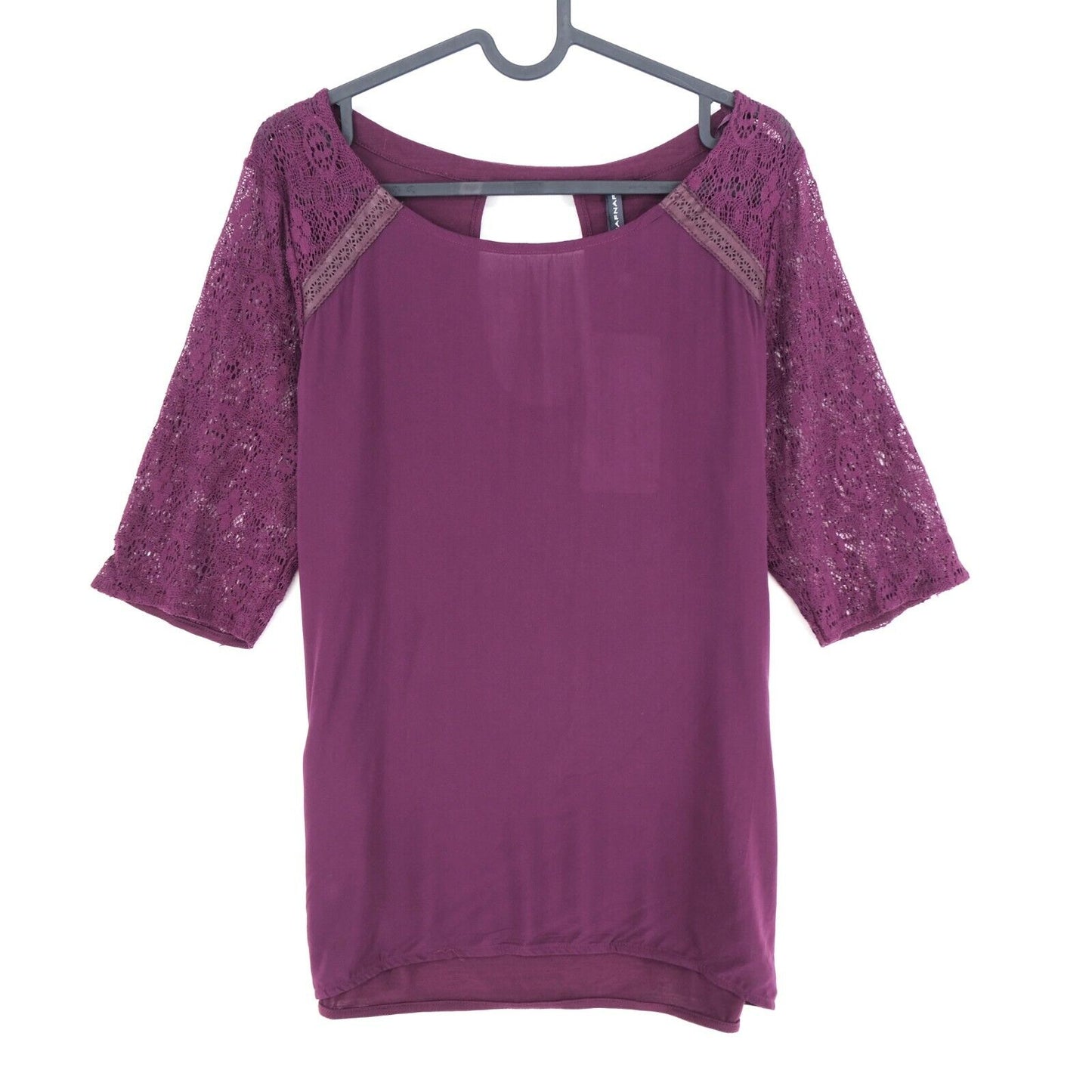 NAF NAF Top Bluse mit Rundhalsausschnitt und Spitzenärmeln, Violett, Größe L