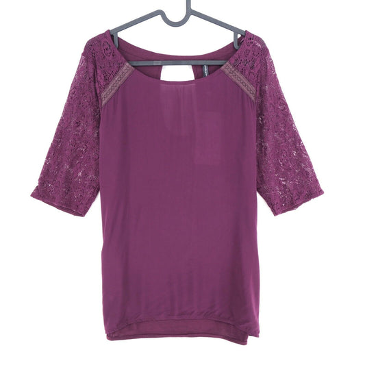 NAF NAF Purple Lace Sleeves Crew Neck Top Blouse Size L