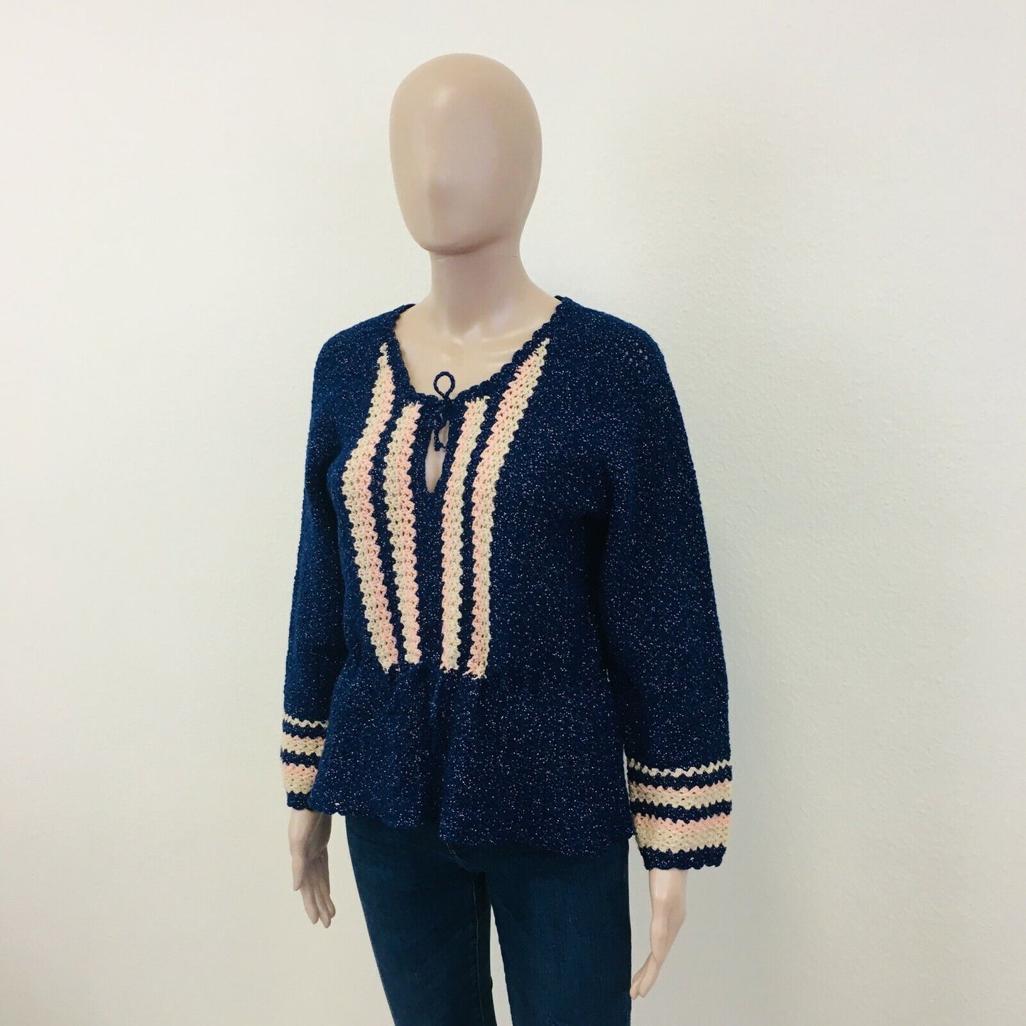 Vintage Ladies Cochet Knit Blue Sweater Jumper Size EUR 36 US 6 UK 8