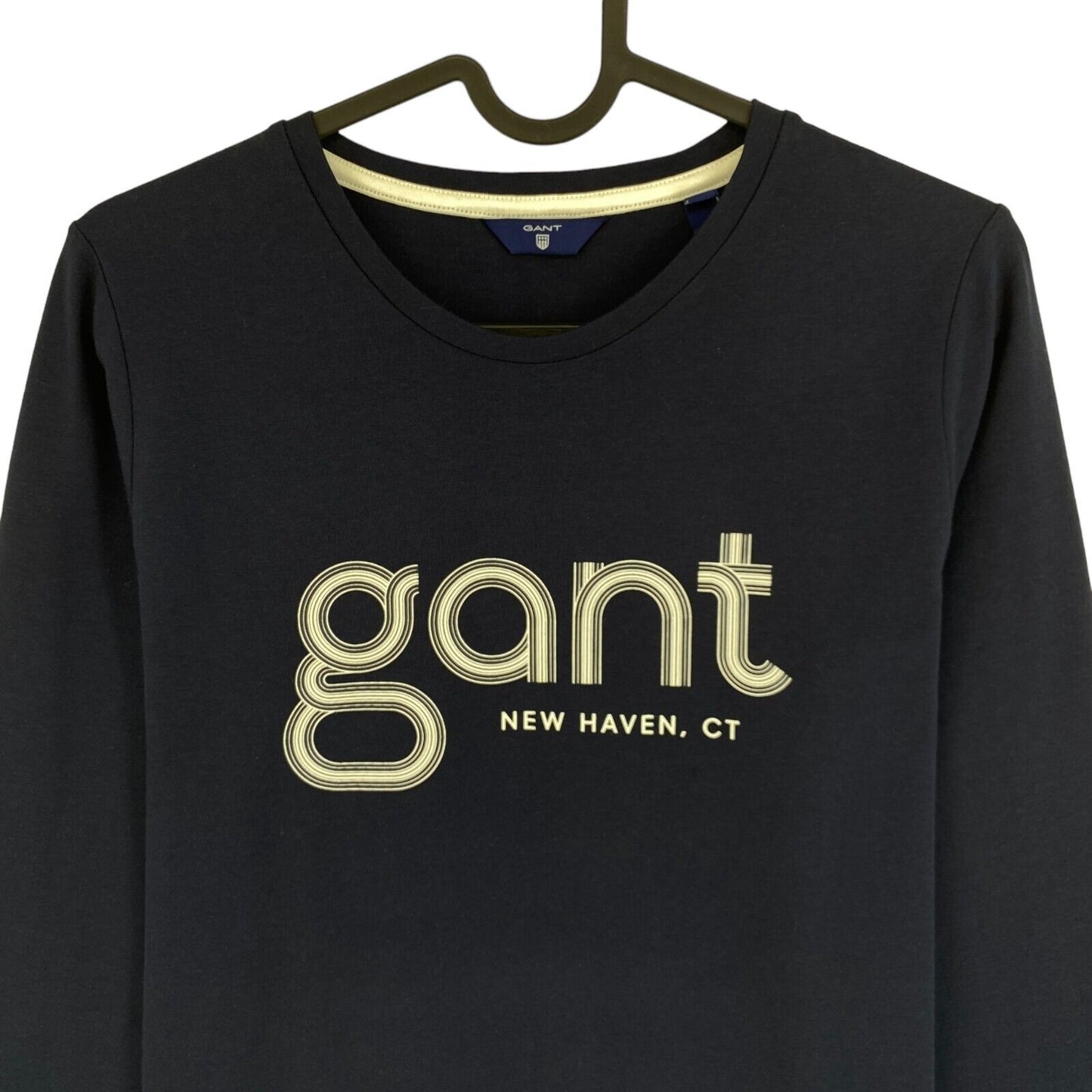 GANT T-Shirt mit Rundhalsausschnitt und langen Ärmeln, dunkelblau, gestreiftes Logo, Größe S