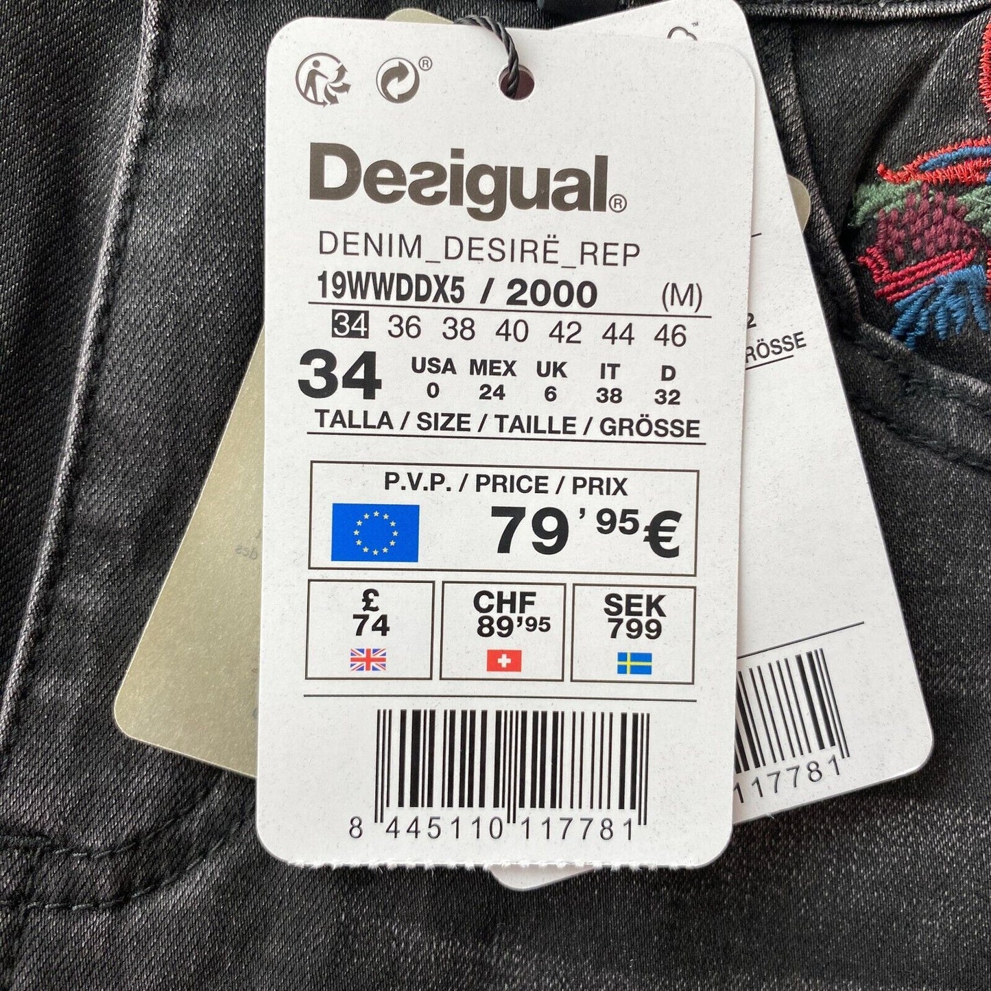 Desigual DESIRE Women Dark Grey Skinny Fit Cuffed Jeans EUR 34 UK 6 US 0 W23