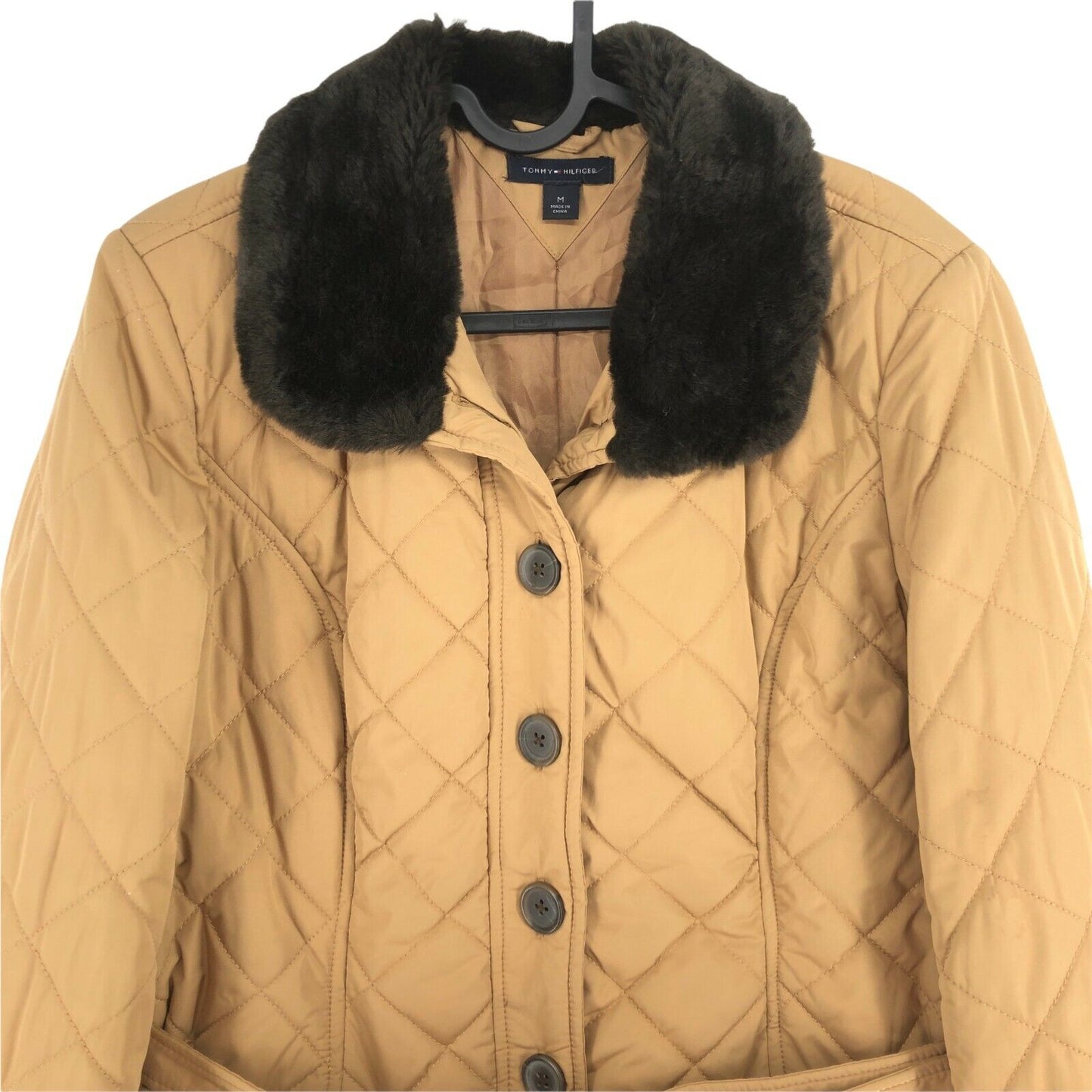 TOMMY HILFIGER Light Brown Belted Padded Quilted Coat Jacket Size M