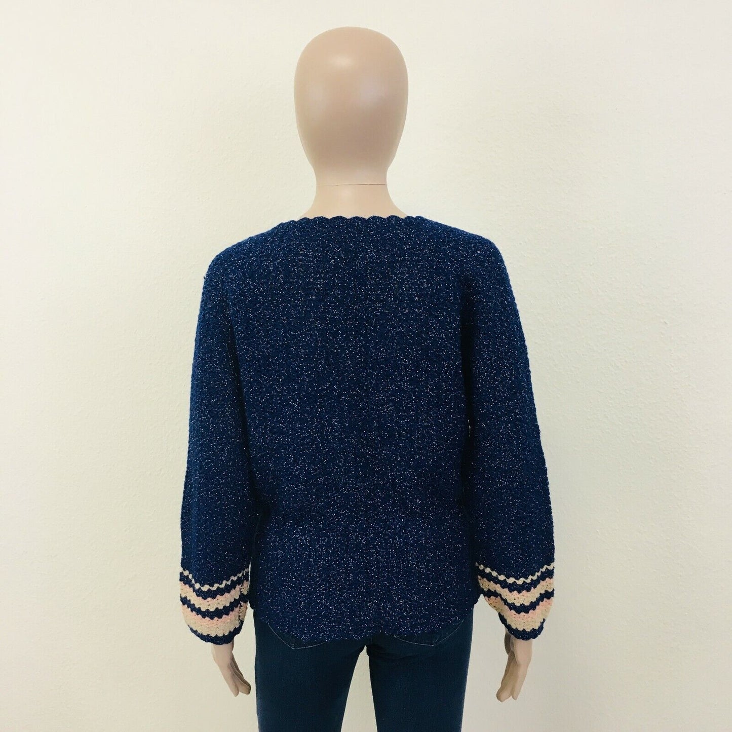 Vintage Ladies Cochet Knit Blue Sweater Jumper Size EUR 36 US 6 UK 8