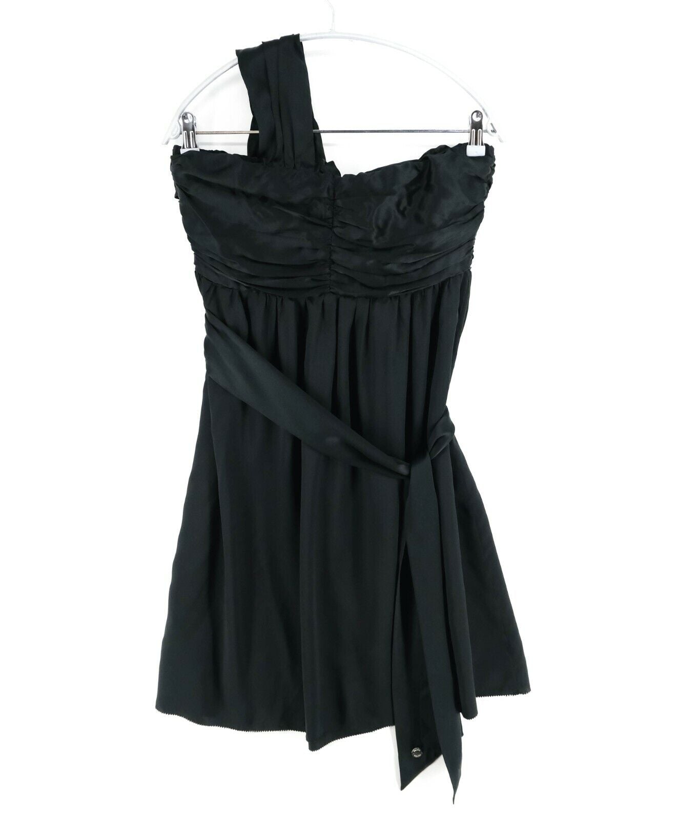 FAIRLY Black Sweetheart One Shoulder Strap 100% Silk Pleated Dress Size 44 46