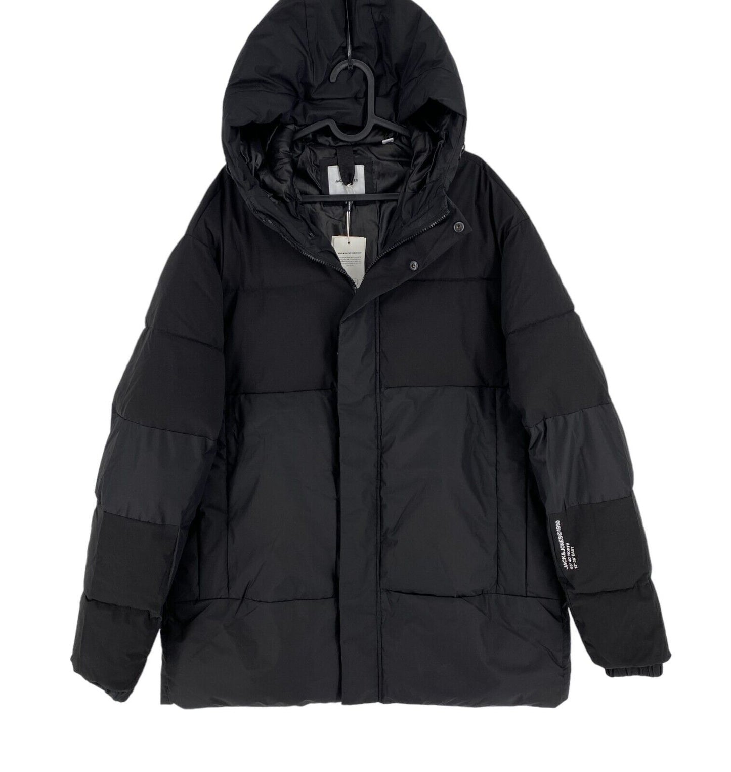 JACK&amp;JONES Herren Black Force Puffer Coat mit Kapuze, Größe XL