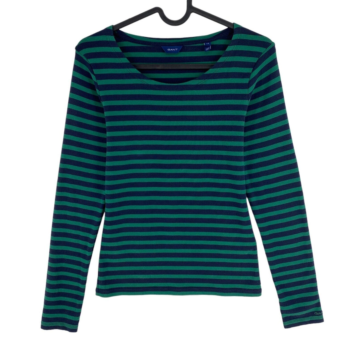 GANT Green Striped 1x1 Rib Long Sleeves Scoop Neck T Shirt Size XS