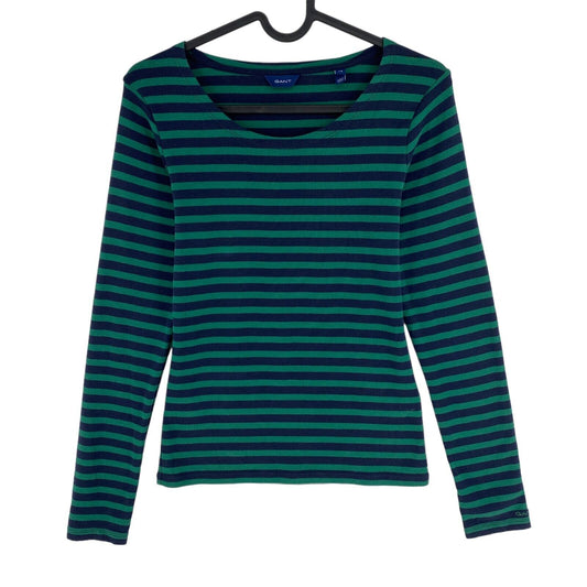 GANT Green Striped 1x1 Rib Long Sleeves Scoop Neck T Shirt Size XS