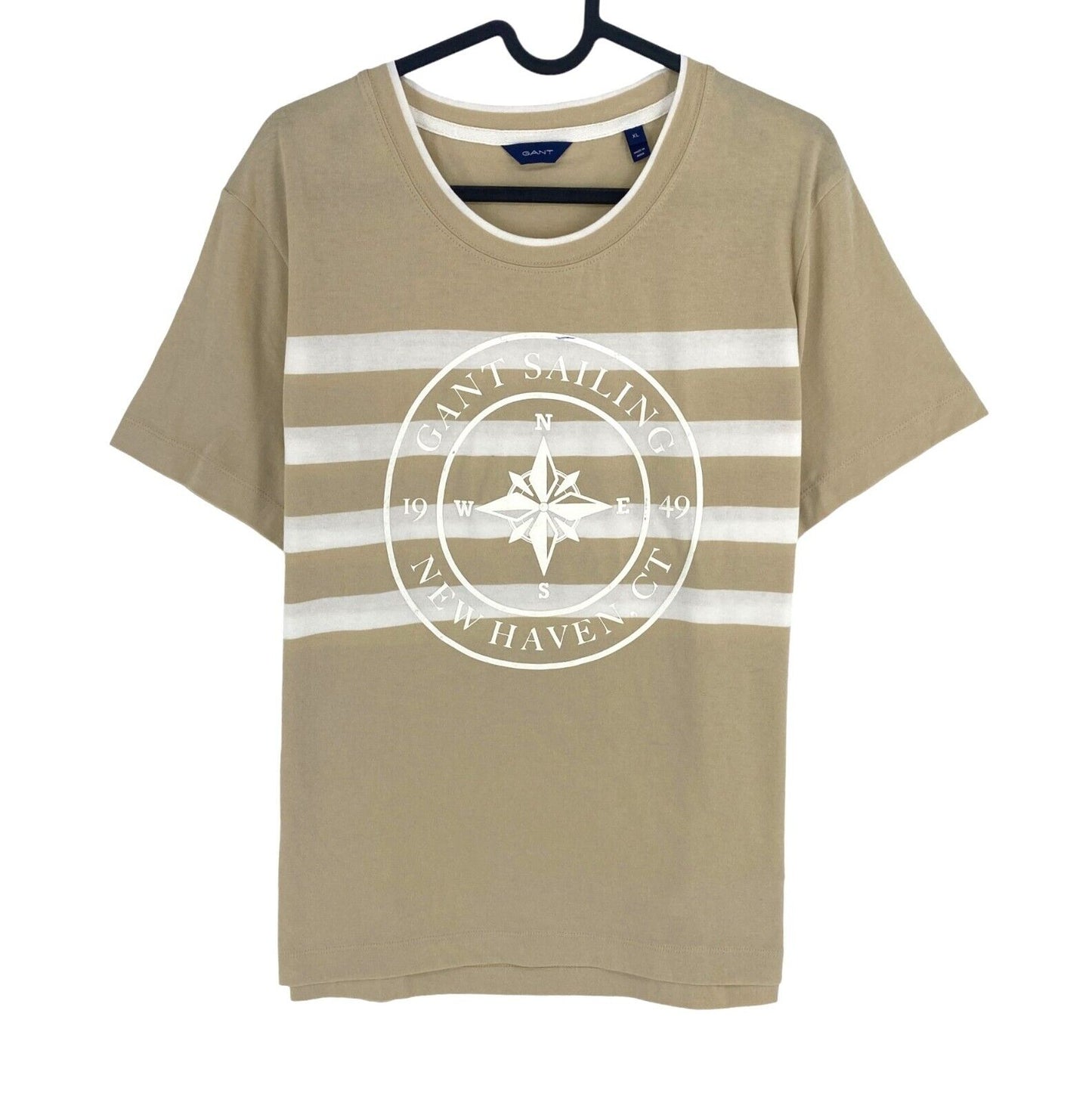 GANT Women Beige Printed Striped Crew Neck Short Sleeve T Shirt Size XL