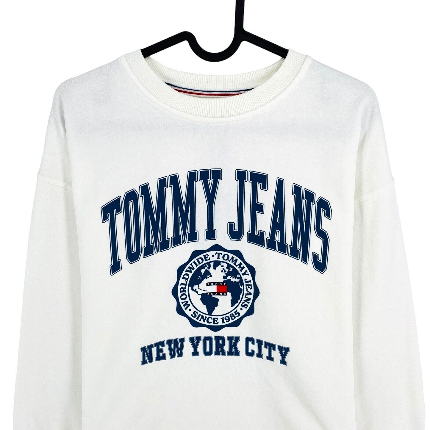 TOMMY HILFIGER JEANS White Crop College Logo Crew Neck Sweater Jumper Size S