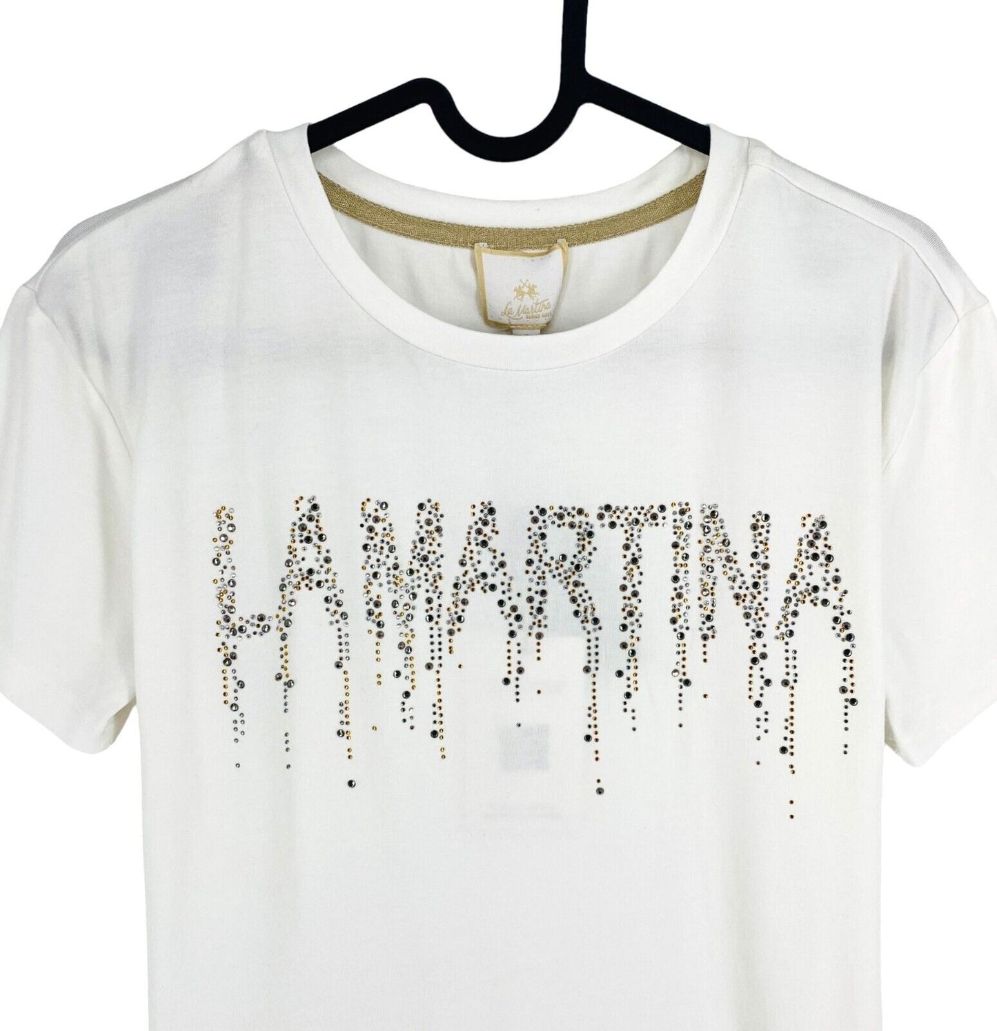 LA MARTINA Women White Rhinestone Logo Crew Neck Short Sleeve T Shirt Size 2 / S