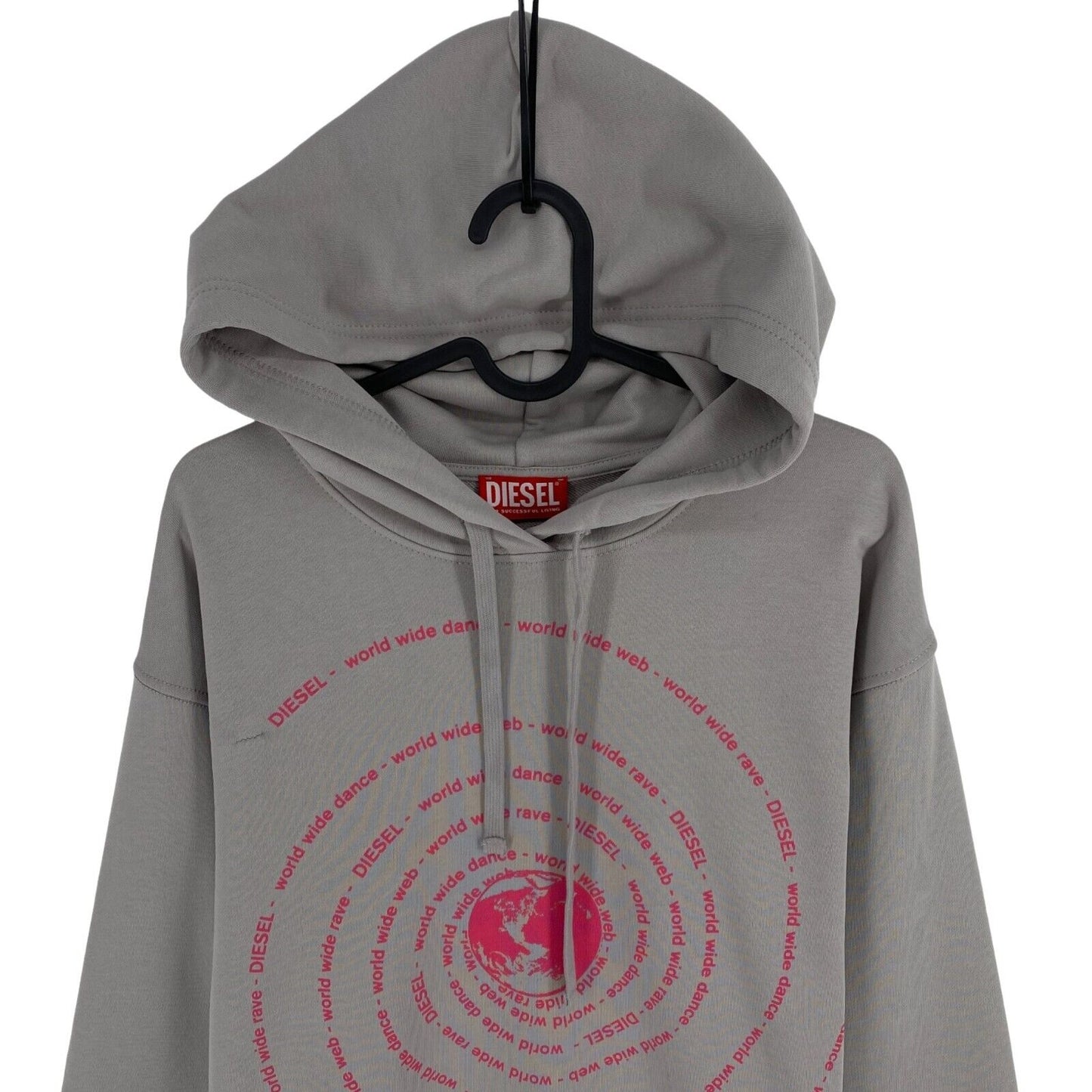 DIESEL Grauer Oversized Kapuzenpullover mit Globus-Spiral-Print, Größe XS