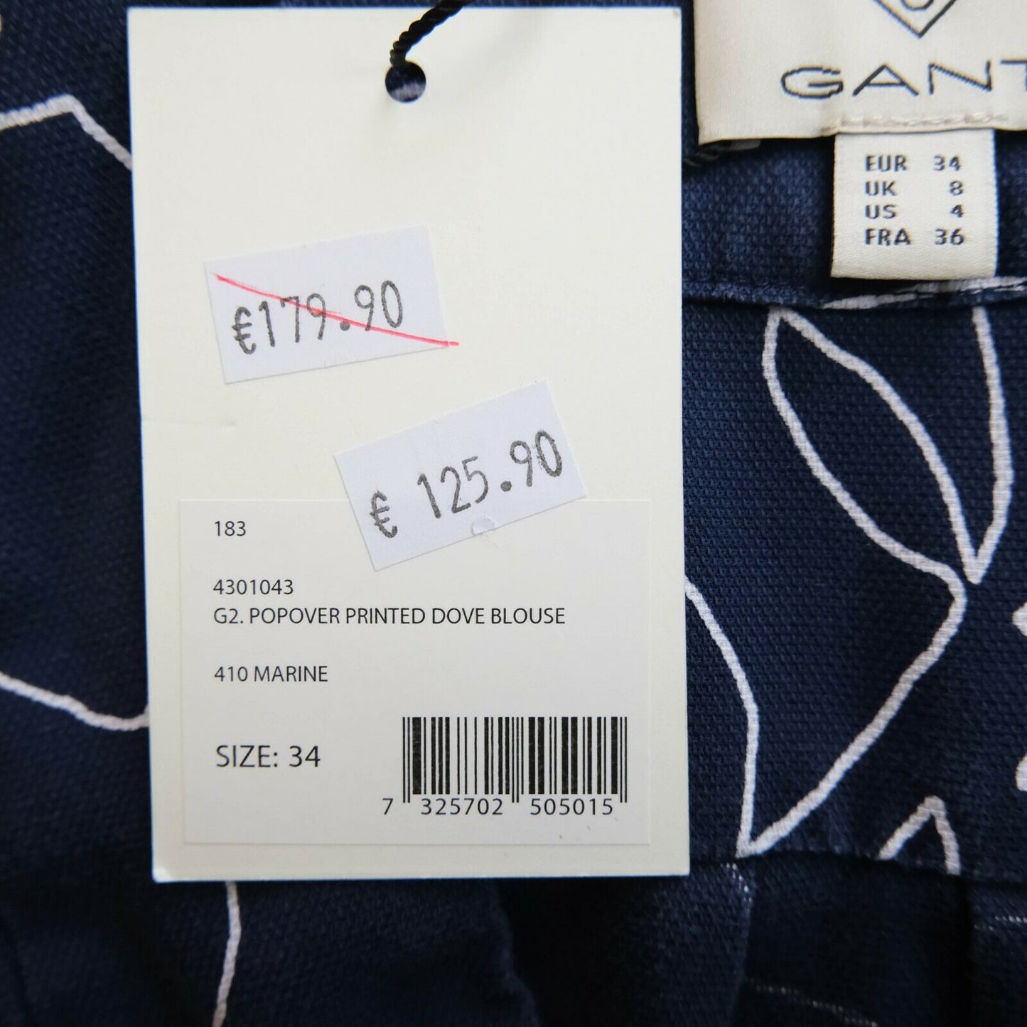 GANT Bleu Col V Col Colombe Imprimé Blouse Taille EU 34 UK 8 US 4