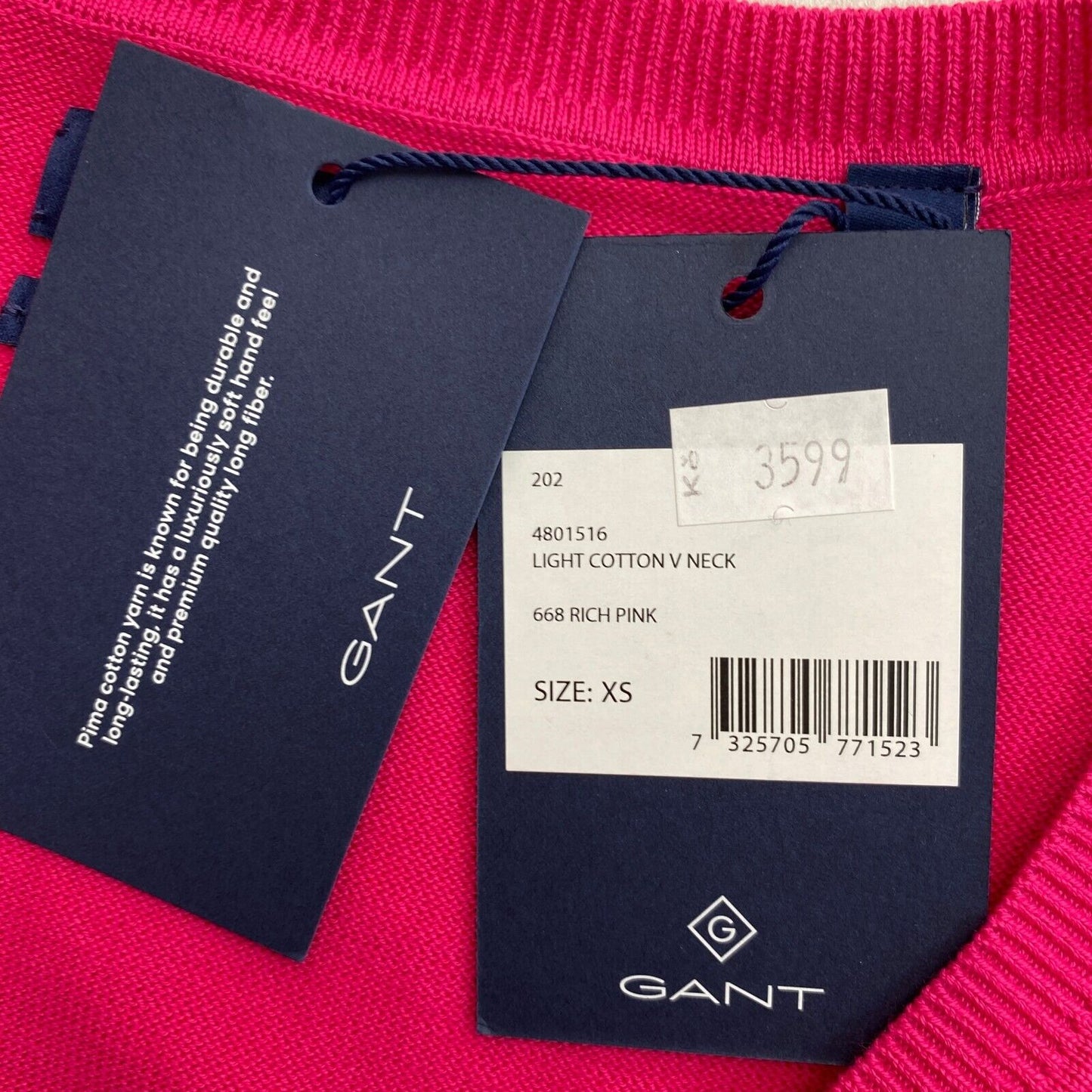 GANT Pullover mit V-Ausschnitt, leichte Baumwolle, Rosa, Größe XS