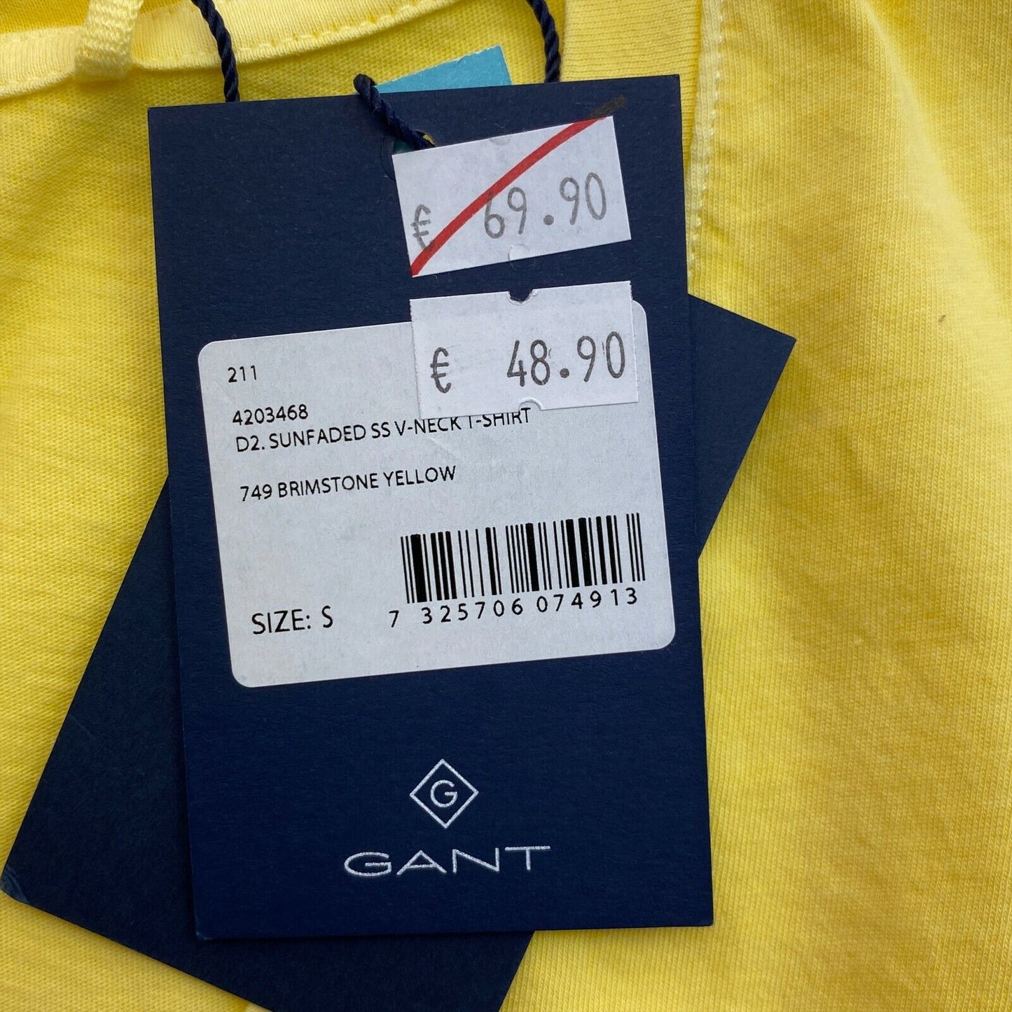 GANT Yellow Sun Faded V Neck T Shirt Top Size S