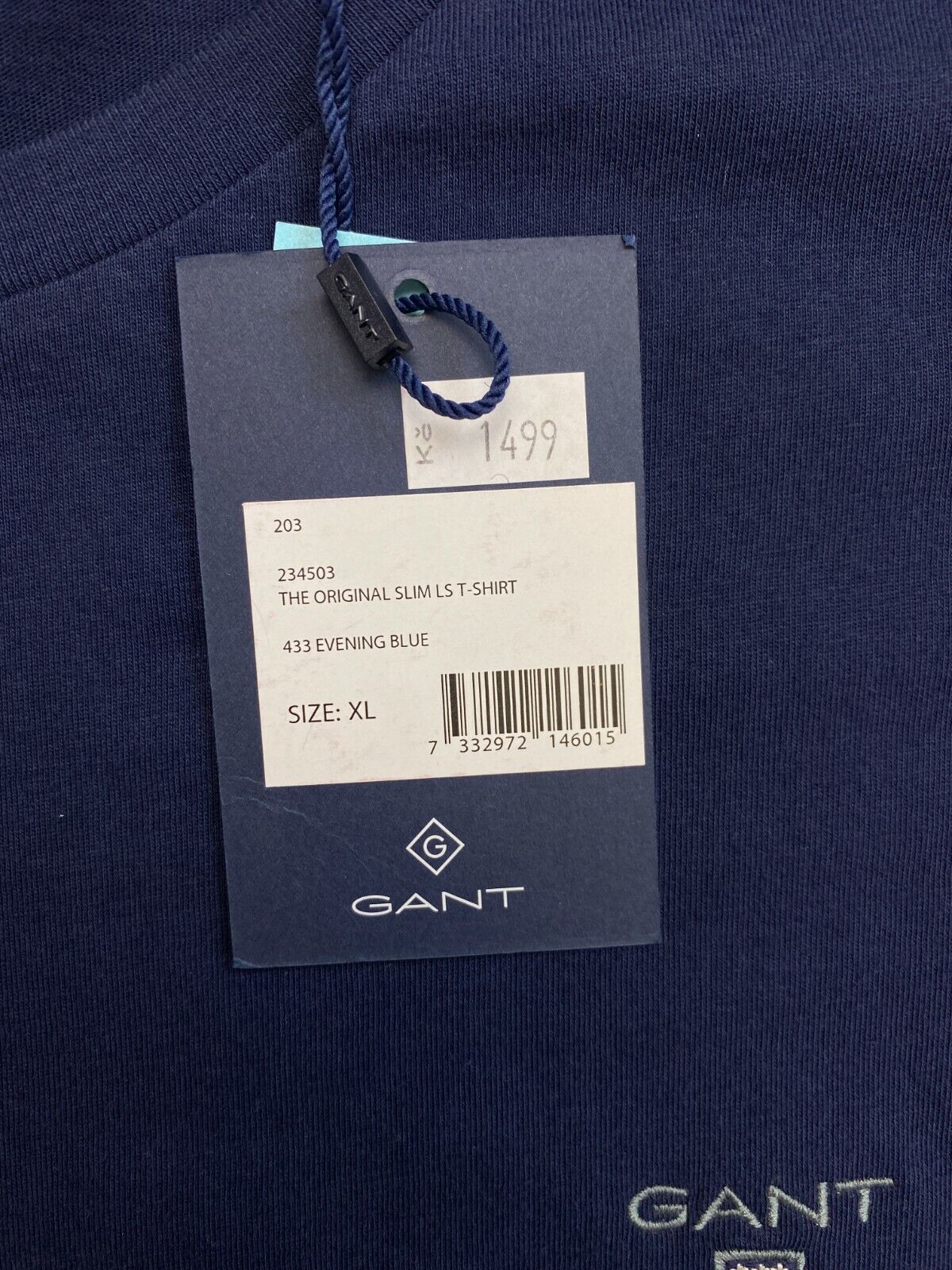 GANT Navy Blue Original Long Sleeves Slim Crew Neck T Shirt Size XL