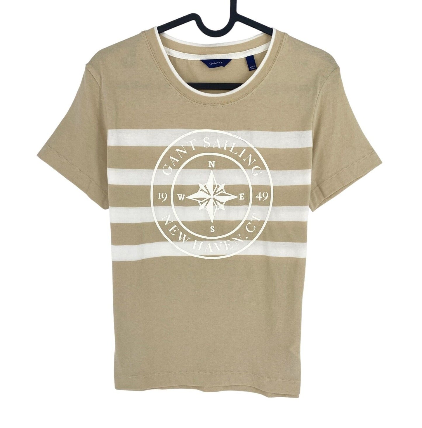 GANT Women Beige Printed Striped Crew Neck Short Sleeves T Shirt Size M