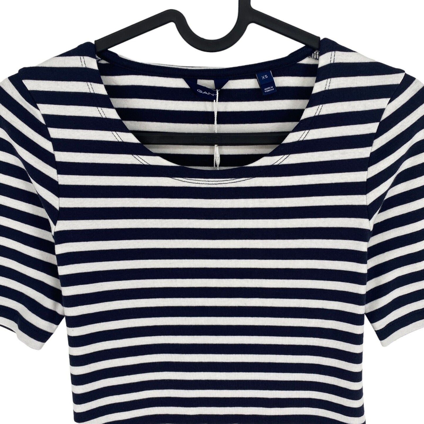 GANT Women Navy Blue Striped 1x1 Rib Crew Neck T Shirt Size XS