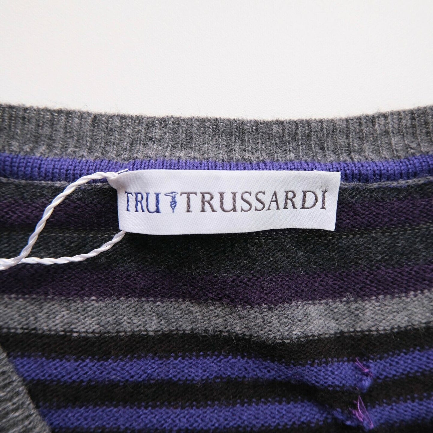 TRUSSARDI Grey V Neck Striped Jumper Sweater Size L