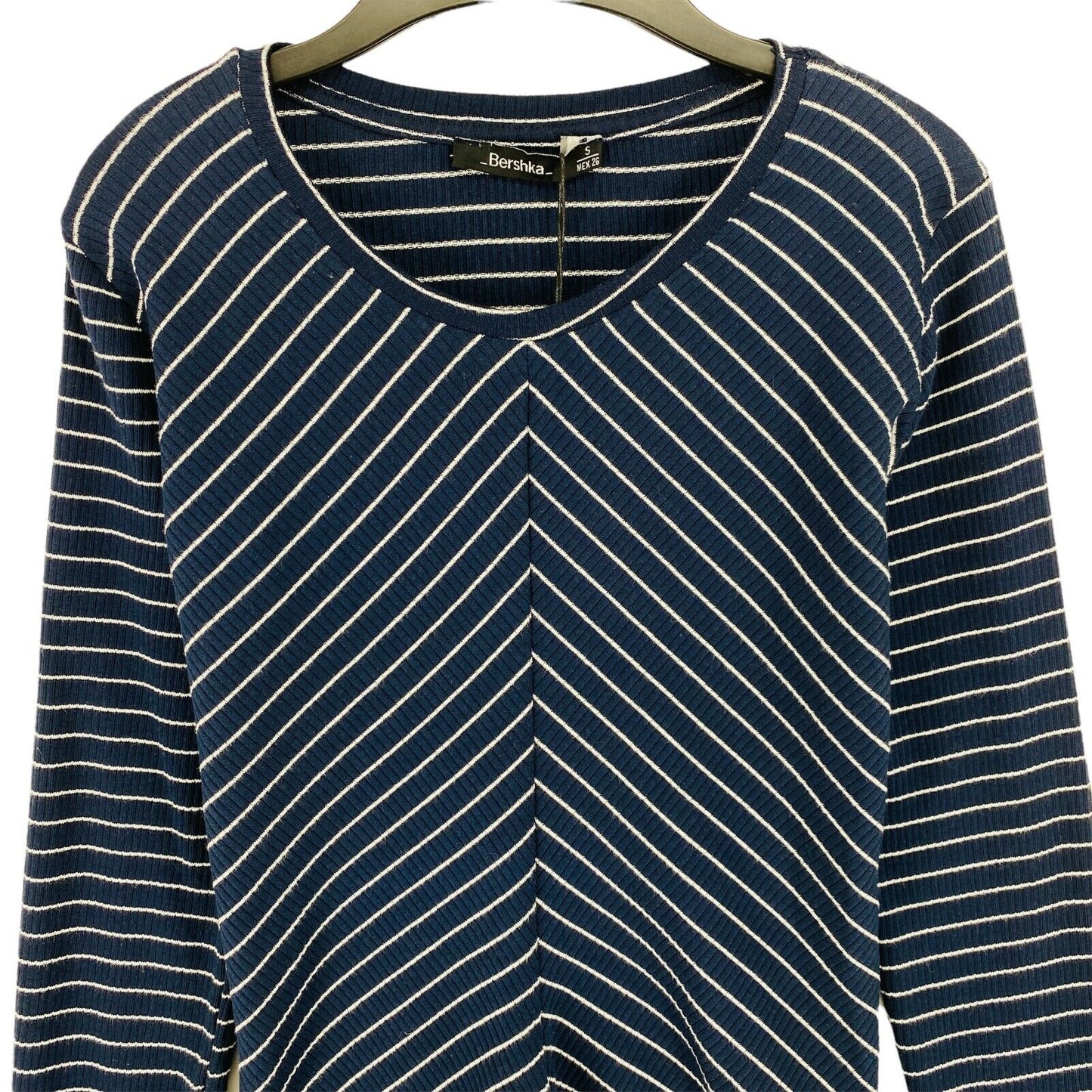 BERSHKA Navy Blue Crew Neck Striped Sweater Jumper Size S