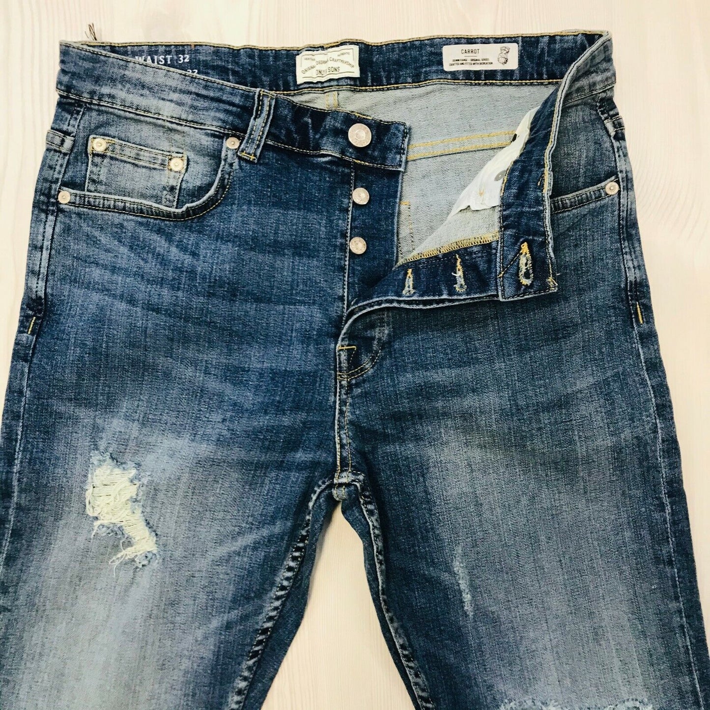 ONLY &amp; SONS Herren Jeans CARROT Fit Slim Fit Blau Zerrissen Größe W32 L32