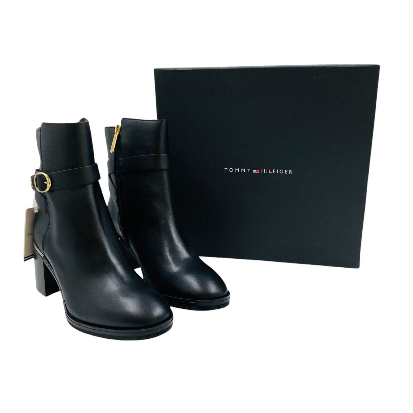 Tommy Hilfiger Women Black Belted Leather Heeled Boots EUR 39 US 8.5 UK 6