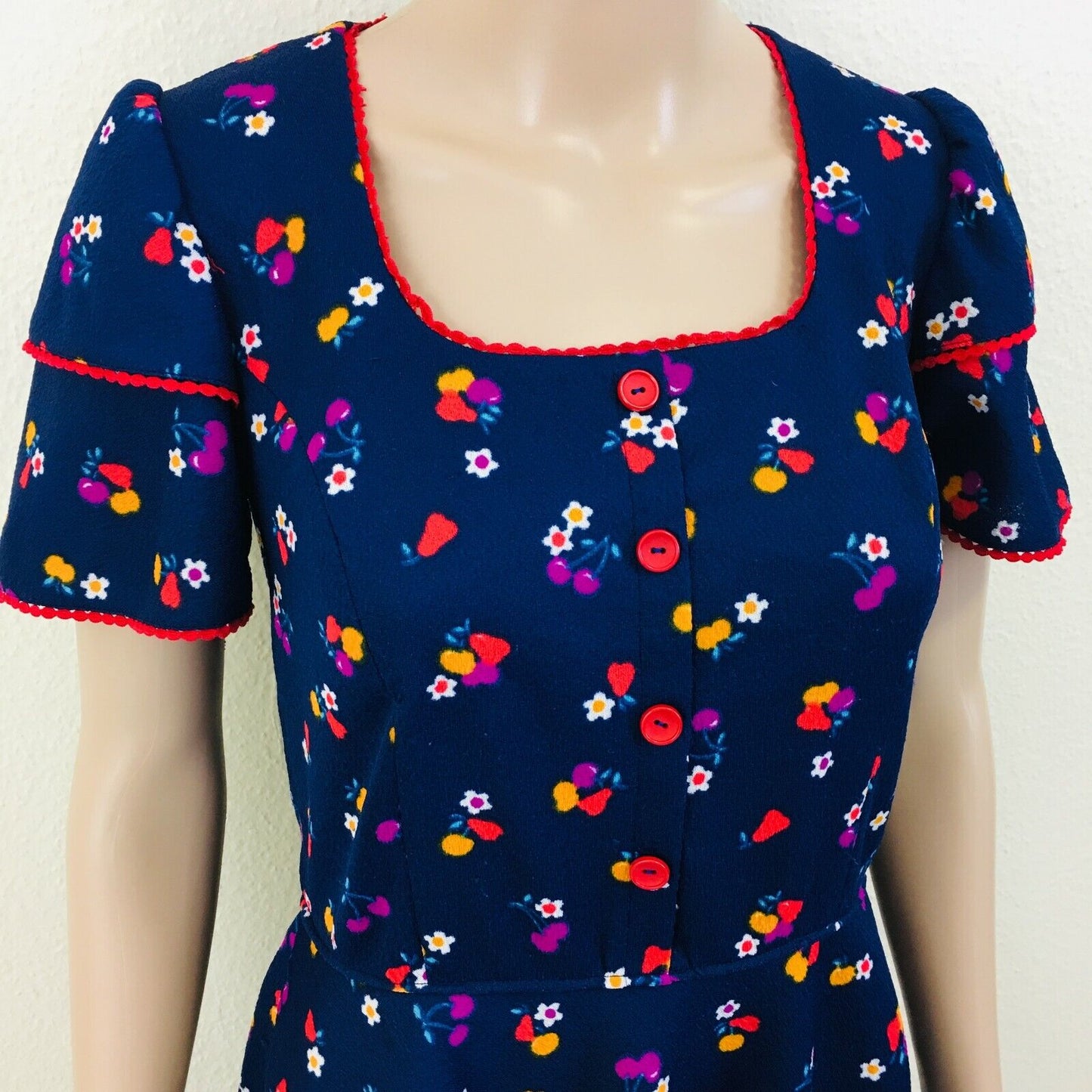 Custom Tailored French Flower Dark Blue Dress Size EUR 38 US 8 UK 10