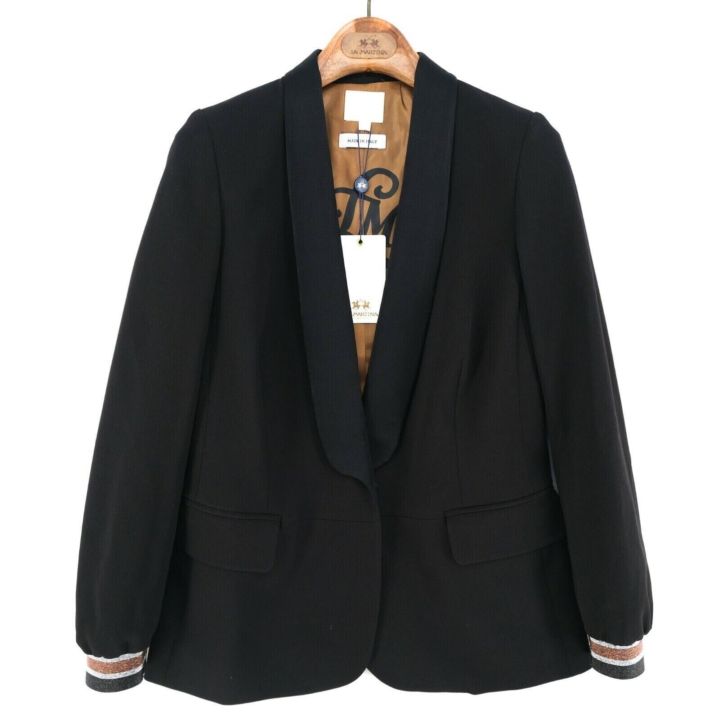 RRP €399 LA MARTINA Black Stretch Cady Jacket Blazer Size EUR 42 Made In Italy