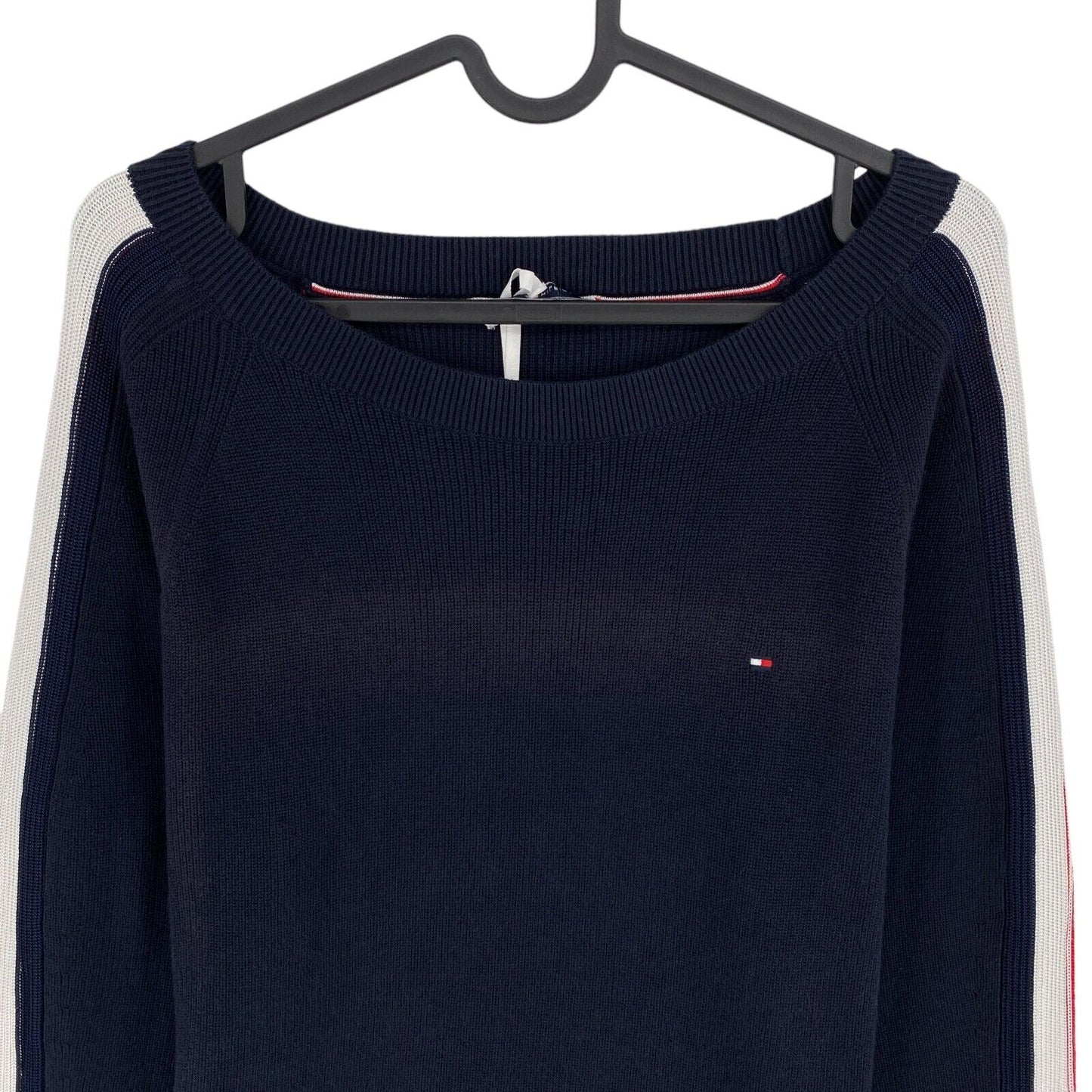 TOMMY HILFIGER Navy Blue Global Stripe Open Neck Sweater Jumper Size M