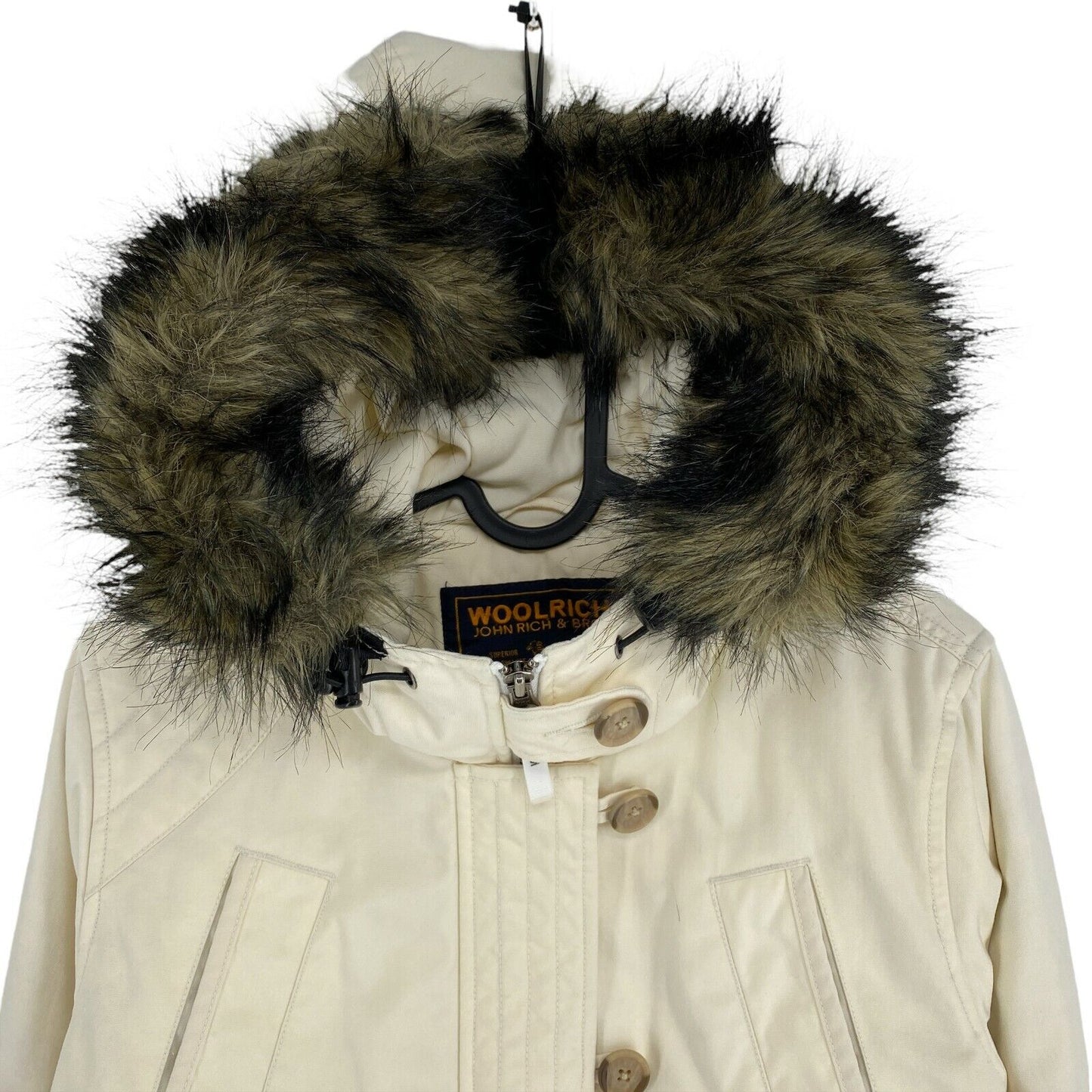 WOOLRICH Cream White Faux Fur Hooded Jacket Coat Size M