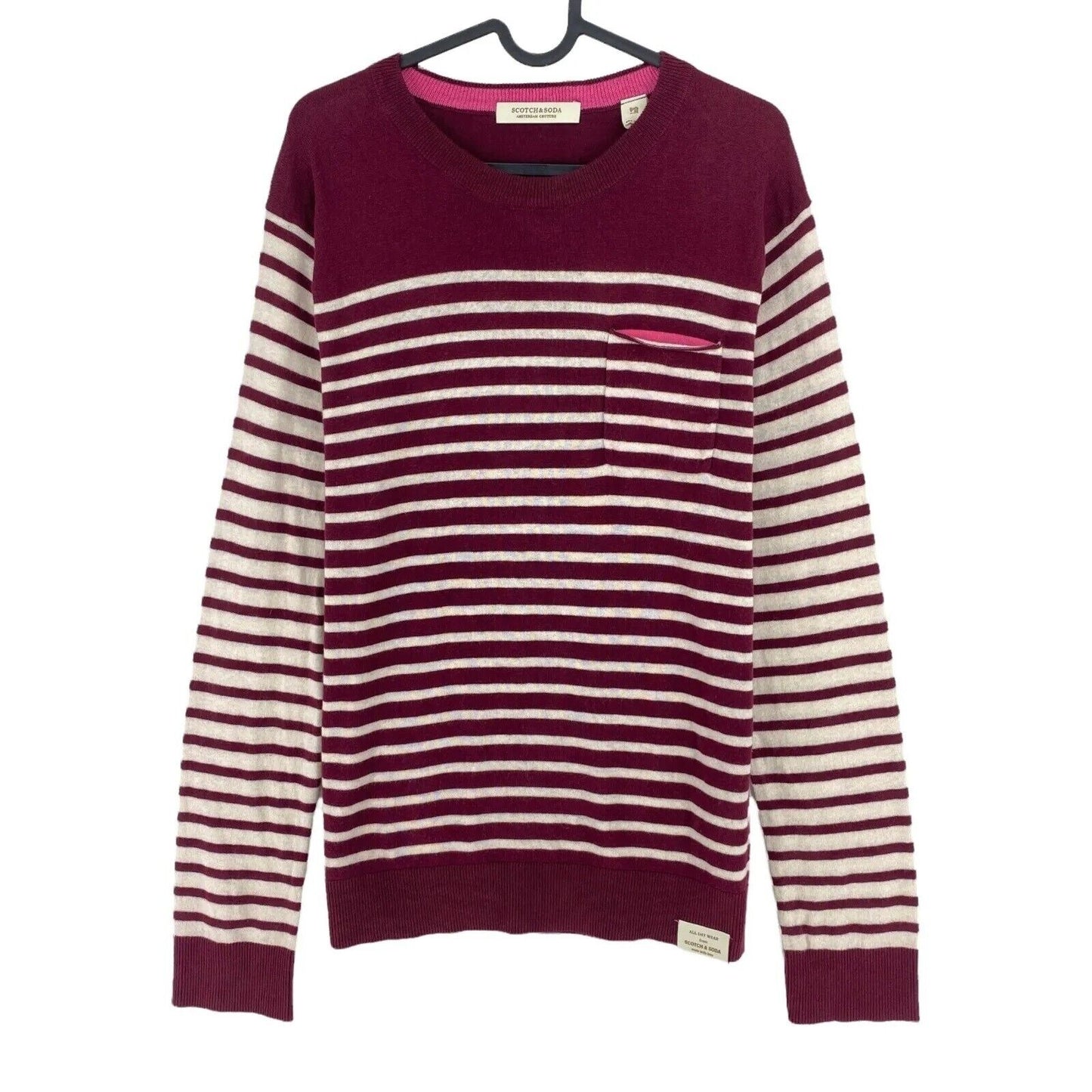 SCOTCH & SODA Mens Dark Red Striped Cotton Wool Crew Neck Sweater Jumper Size XL