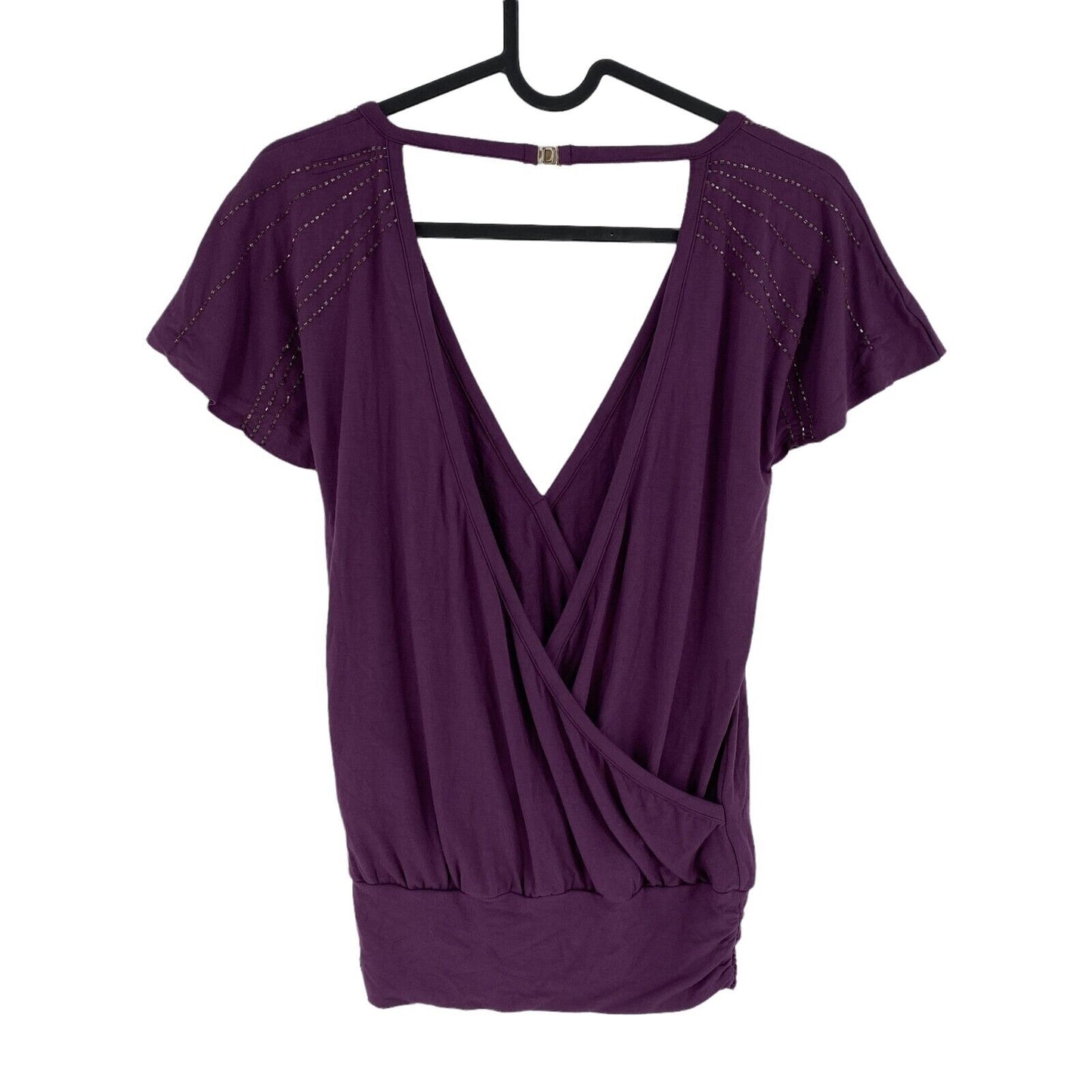 Colcci Purple Open Back Short Sleeve Deep V-Neck Jersey Top Blouse Size XS S