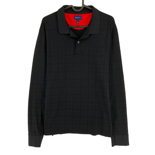 GANT Black Texture Check Long Sleeves Rugger Polo Shirt Size L