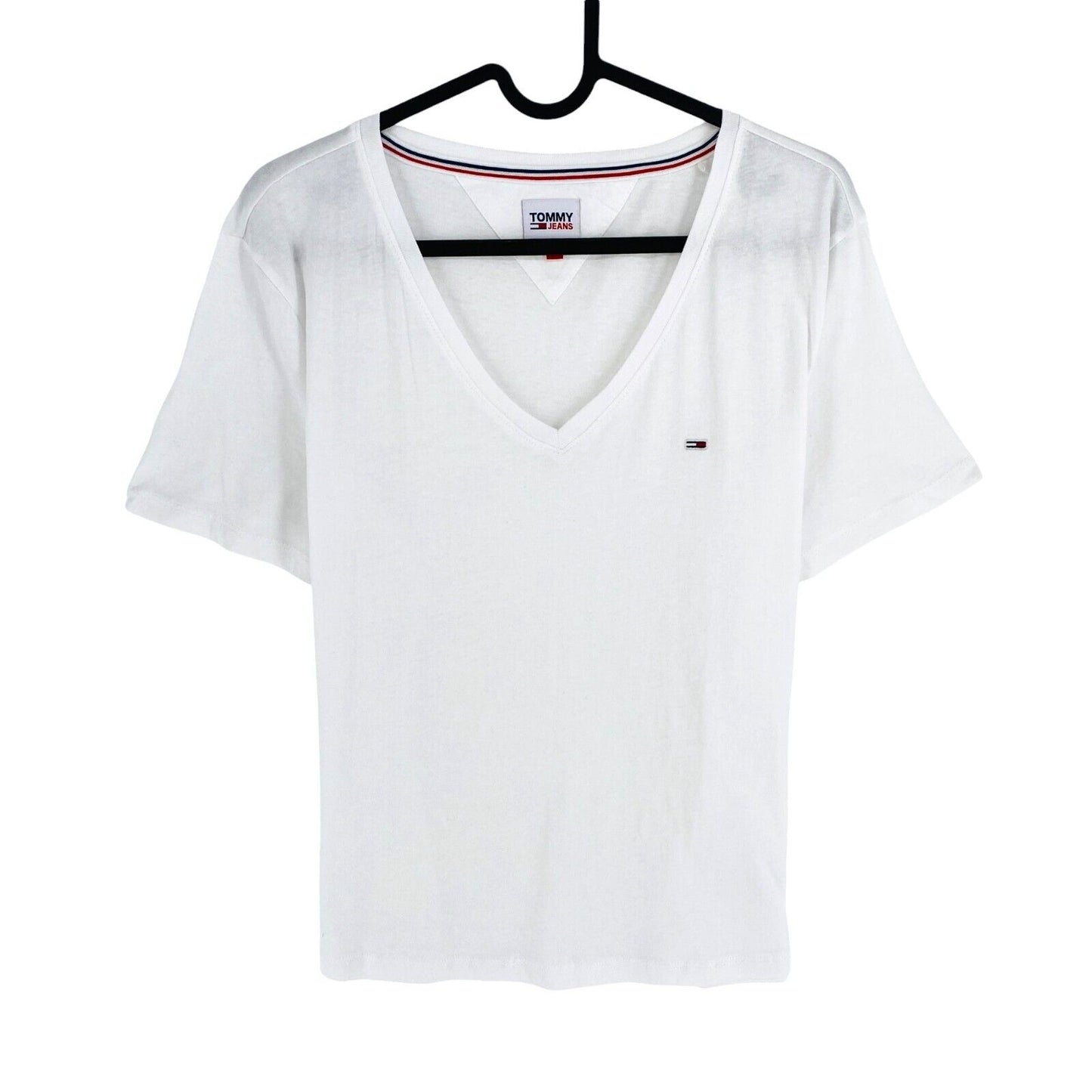 TOMMY HILFIGER JEANS Women White V Neck Short Sleeve T Shirt Size XL