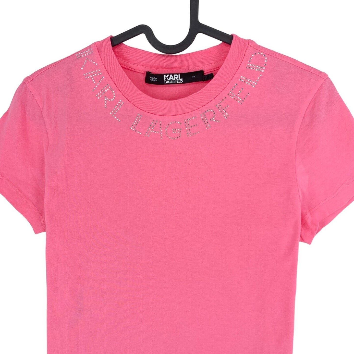 Karl Lagerfeld Pink Rhinestone Logo Crew Neck T Shirt Size XS