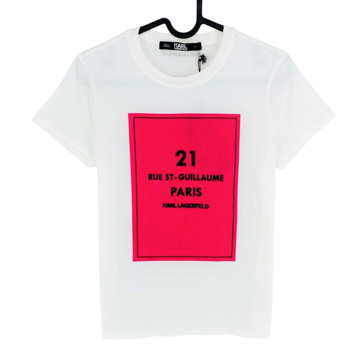 Karl Lagerfeld White Square Address Logo Rundhals-T-Shirt Größe XS