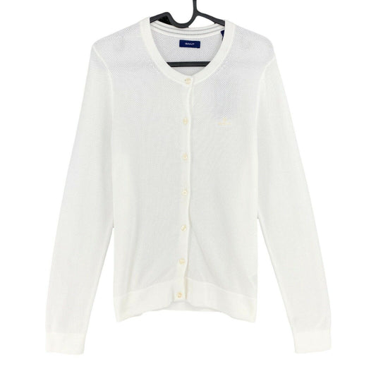 GANT White Cotton Pique Crew Neck Cardigan Sweater Size XS