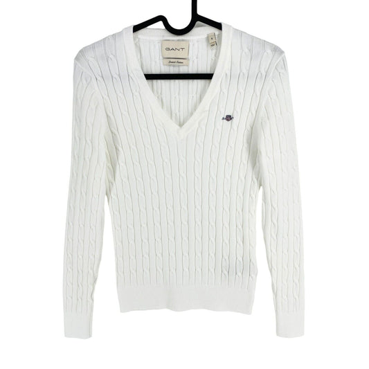 GANT Women White Stretch Cotton Cable Knit V Neck Jumper Sweater Size S