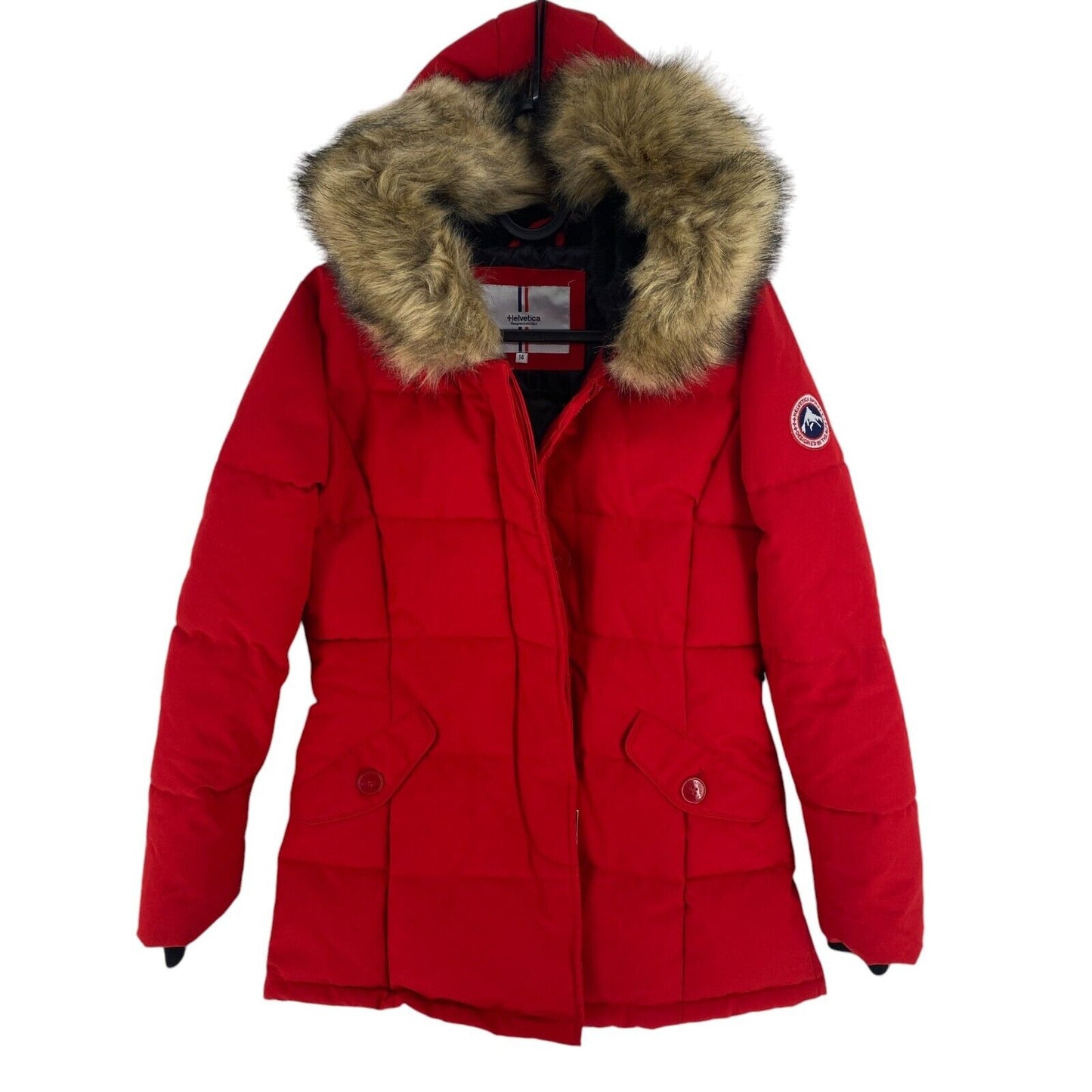 Helvetica Girls Red Hooded Parka Jacket Coat Size 14 Years