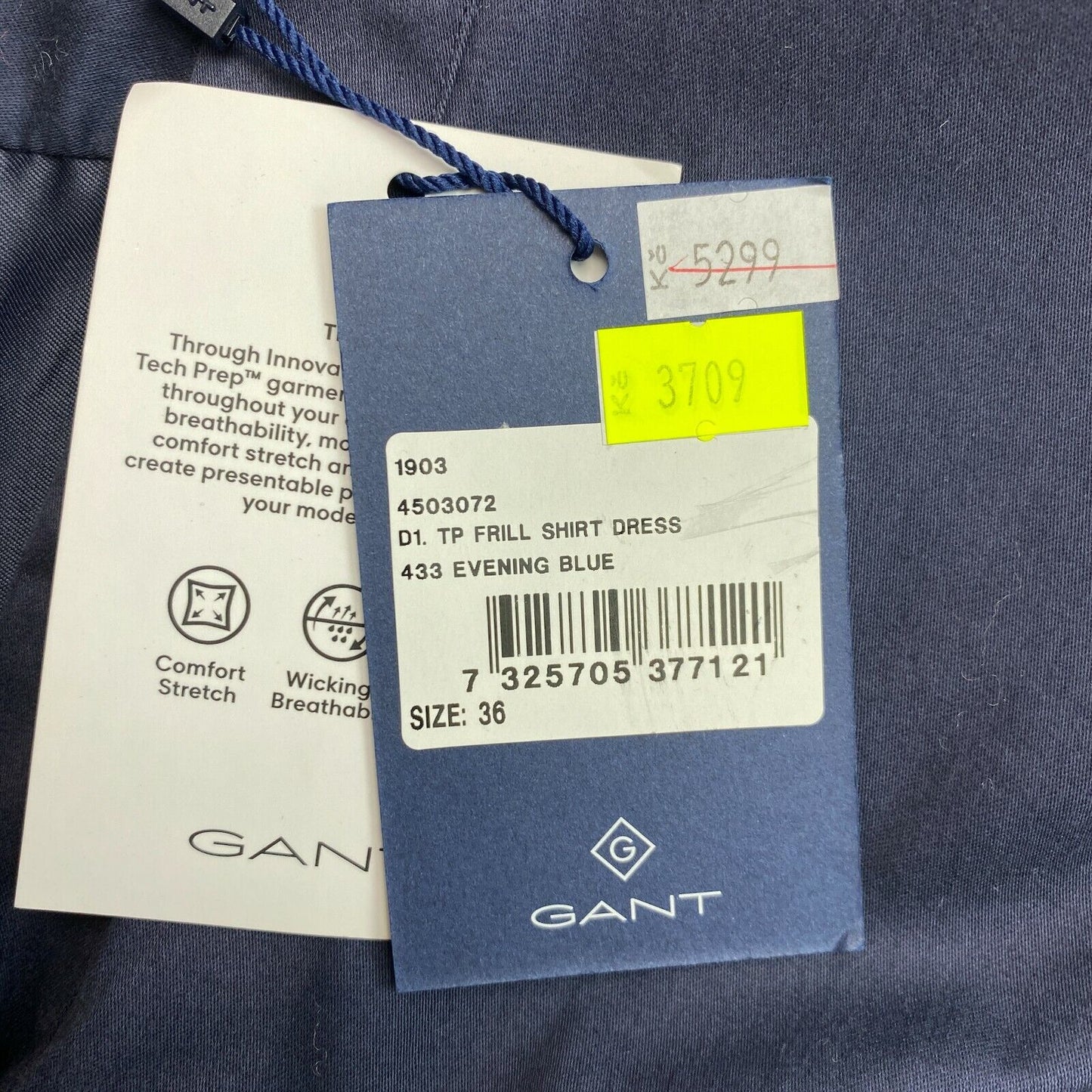 GANT Marineblaues Tech Prep-Hemdkleid mit Rüschen und V-Ausschnitt, Größe EU 36 UK 10 US 6