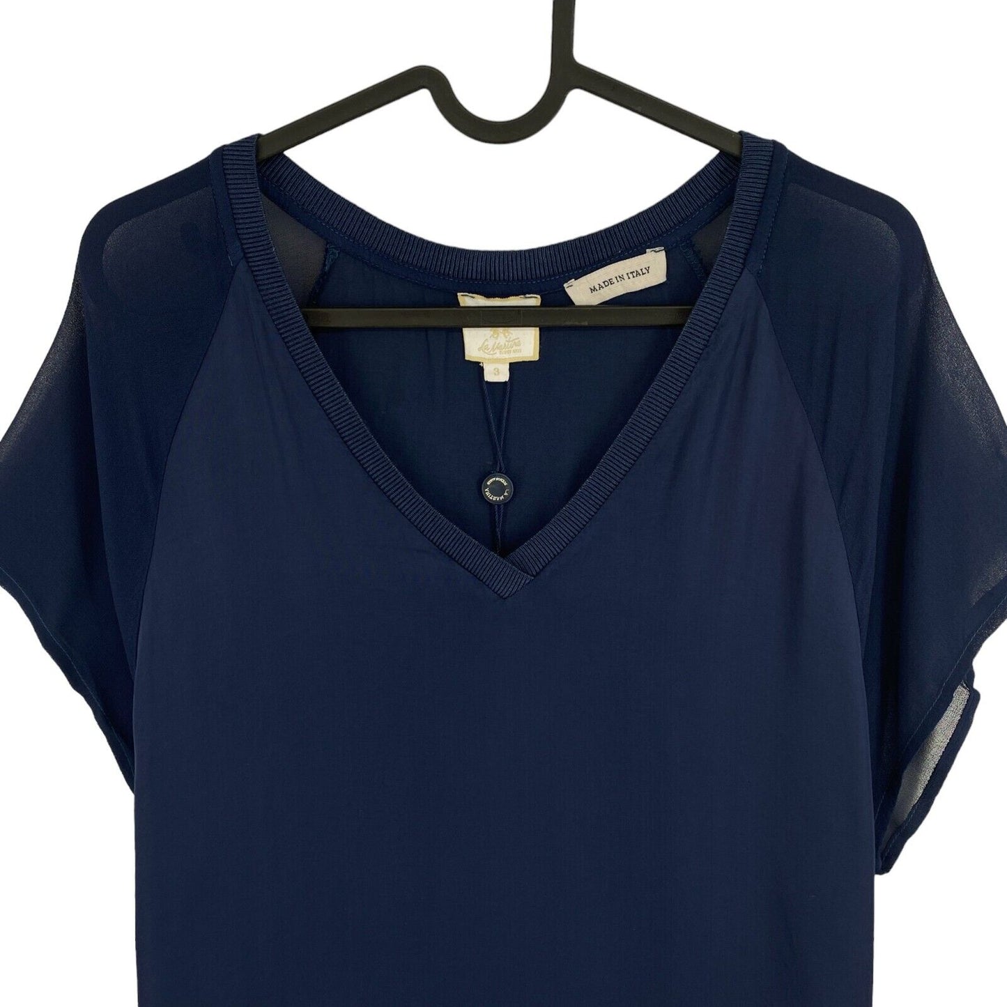 LA MARTINA Women Navy Blue V Neck Short Sleeves Blouse Size 3 / M