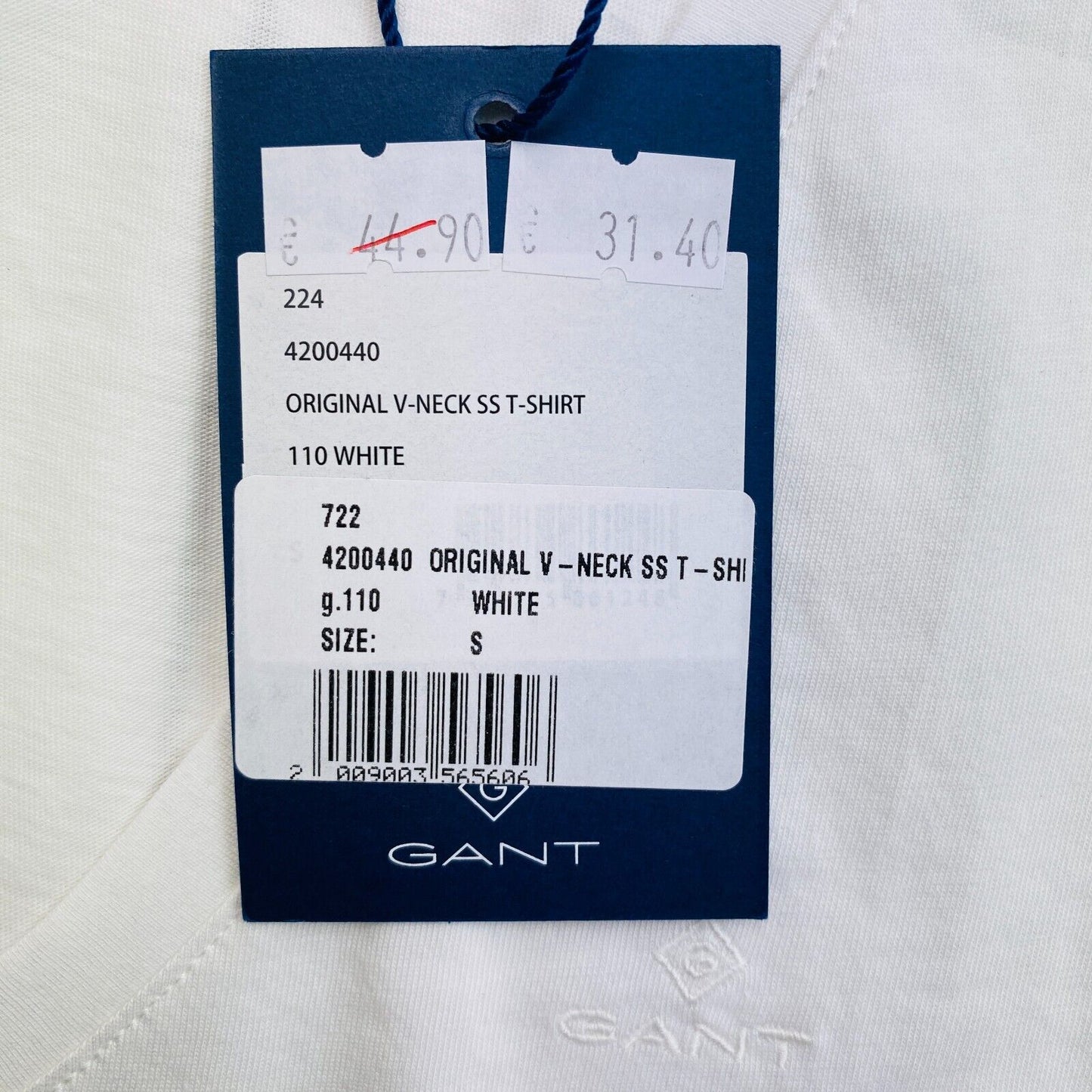 GANT Women White Original V Neck Short Sleeves T Shirt Size S