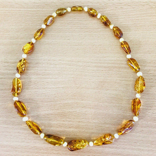 Baltic Amber Lemon / Royal White Colour Natural Polished Necklace