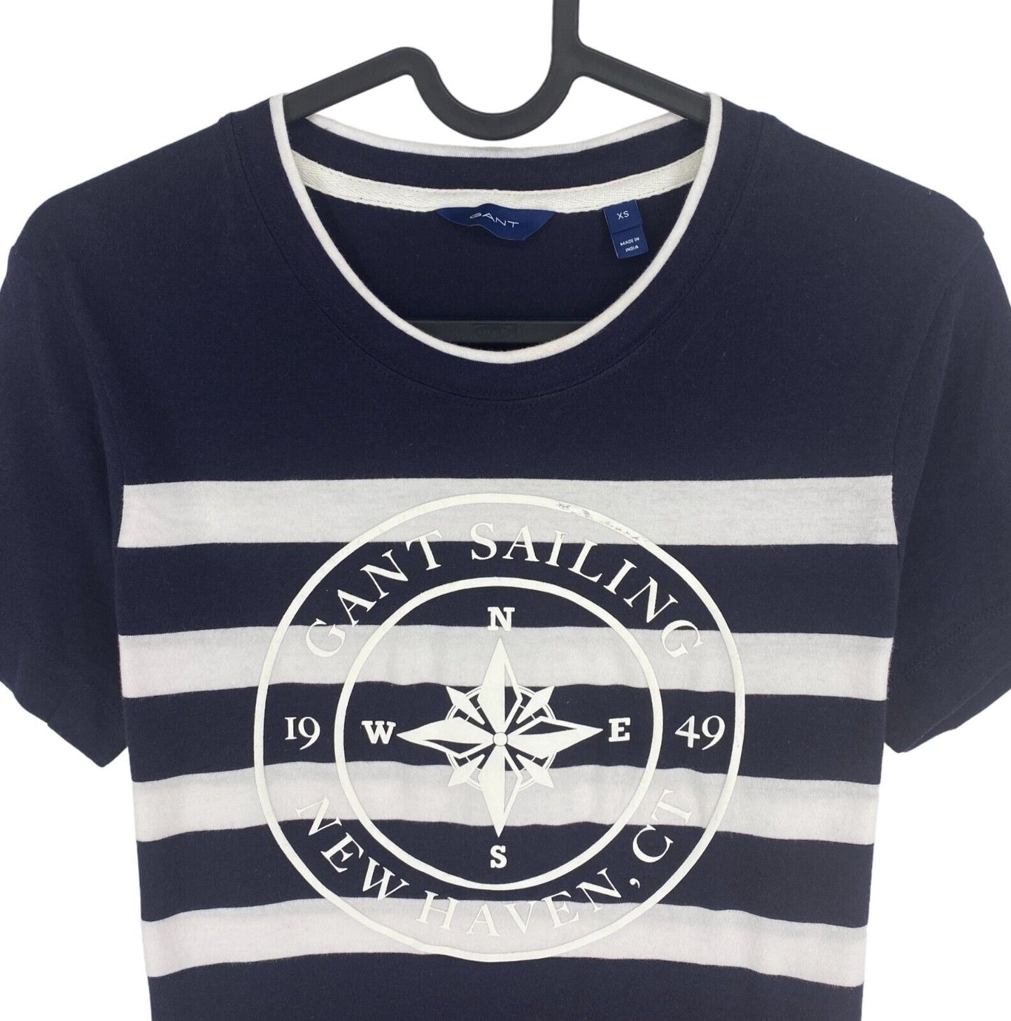 GANT Women Navy Blue Striped Logo Crew Neck Short Sleeves T Shirt Size XS