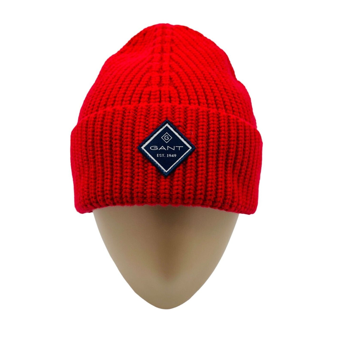 GANT Red Unisex Cotton Wool Blend Chunky Knit Beanie Hat One Size