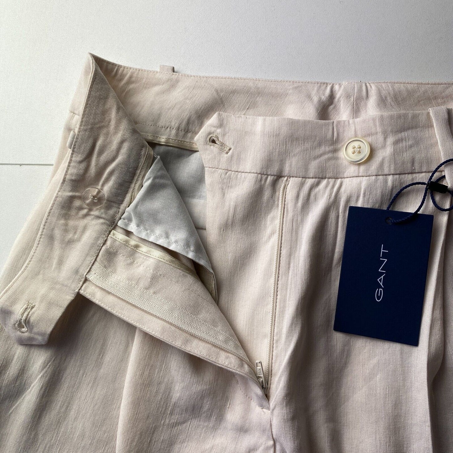 GANT Pantalon en lin mélangé beige clair à jambe large pour femme EUR 38 UK 10 US 8 W28