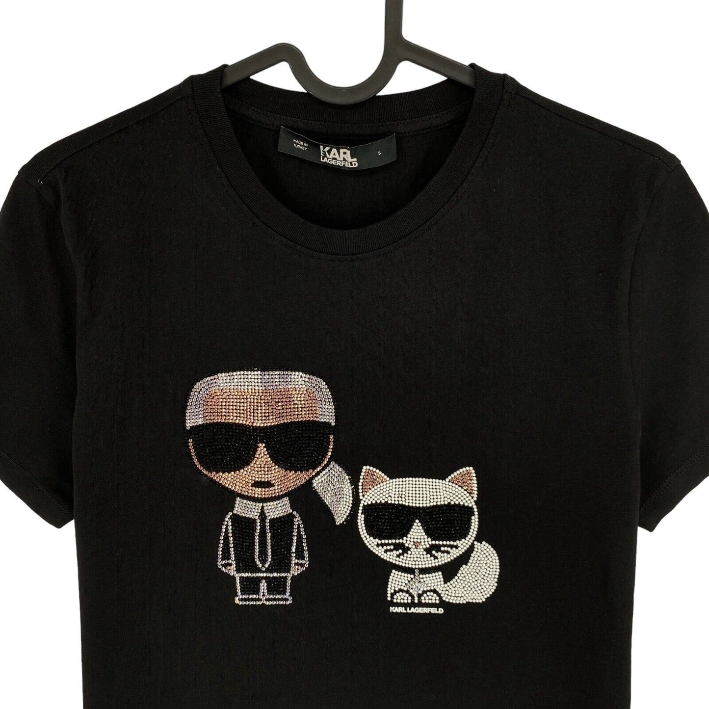 Karl Lagerfeld Black Ikonik Rhinestone Karl Choupette Crew Neck T Shirt Size XS