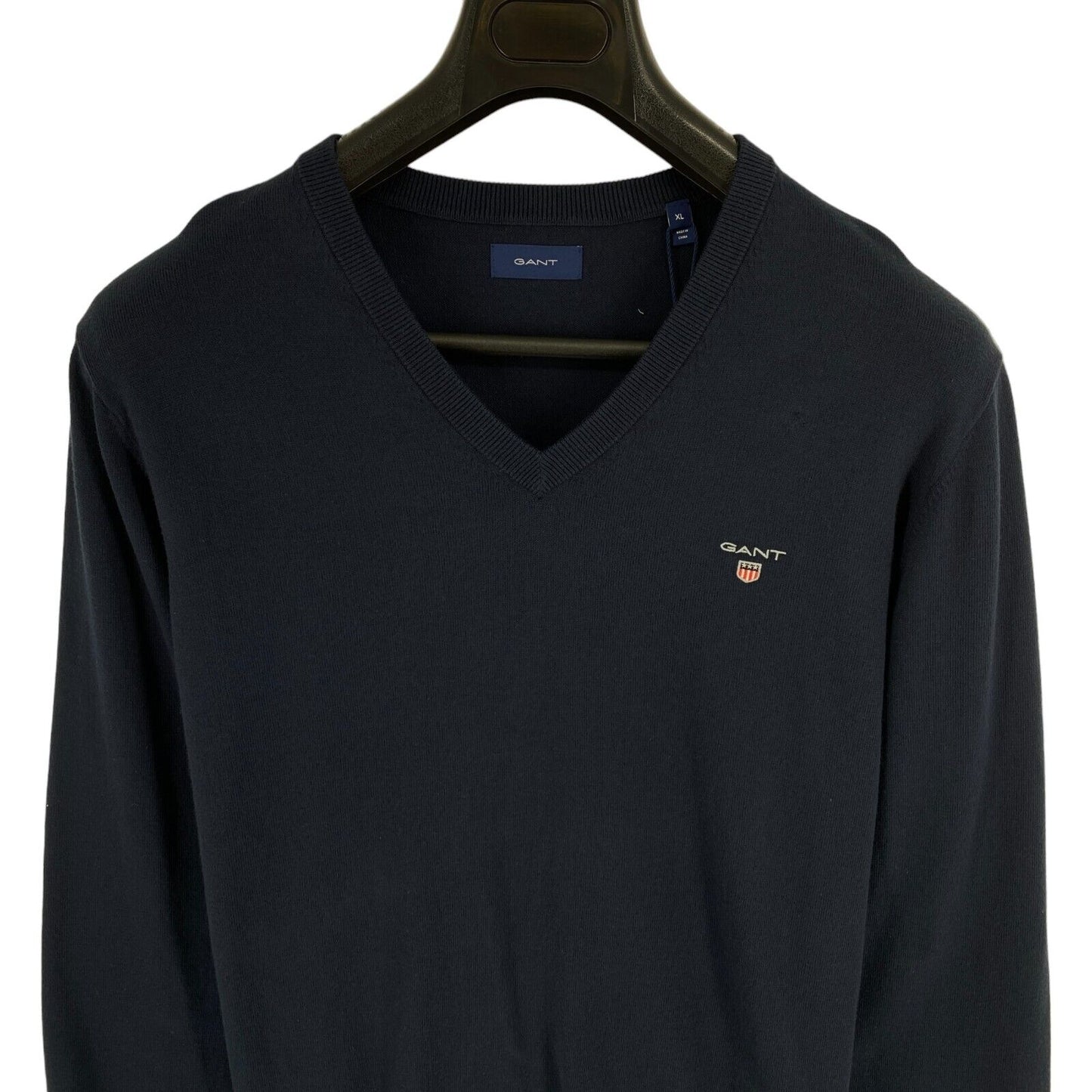 GANT Marineblauer klassischer Pullover aus Baumwolle mit V-Ausschnitt, Größe XL