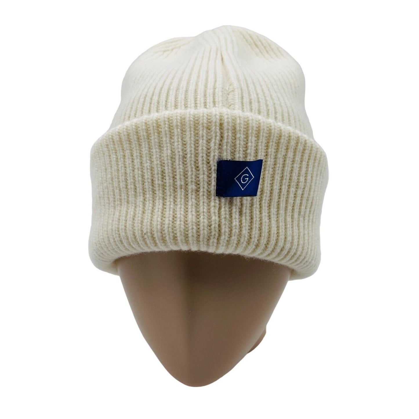 GANT Cream White Wool Blend Rib Knit Beanie Hat One Size